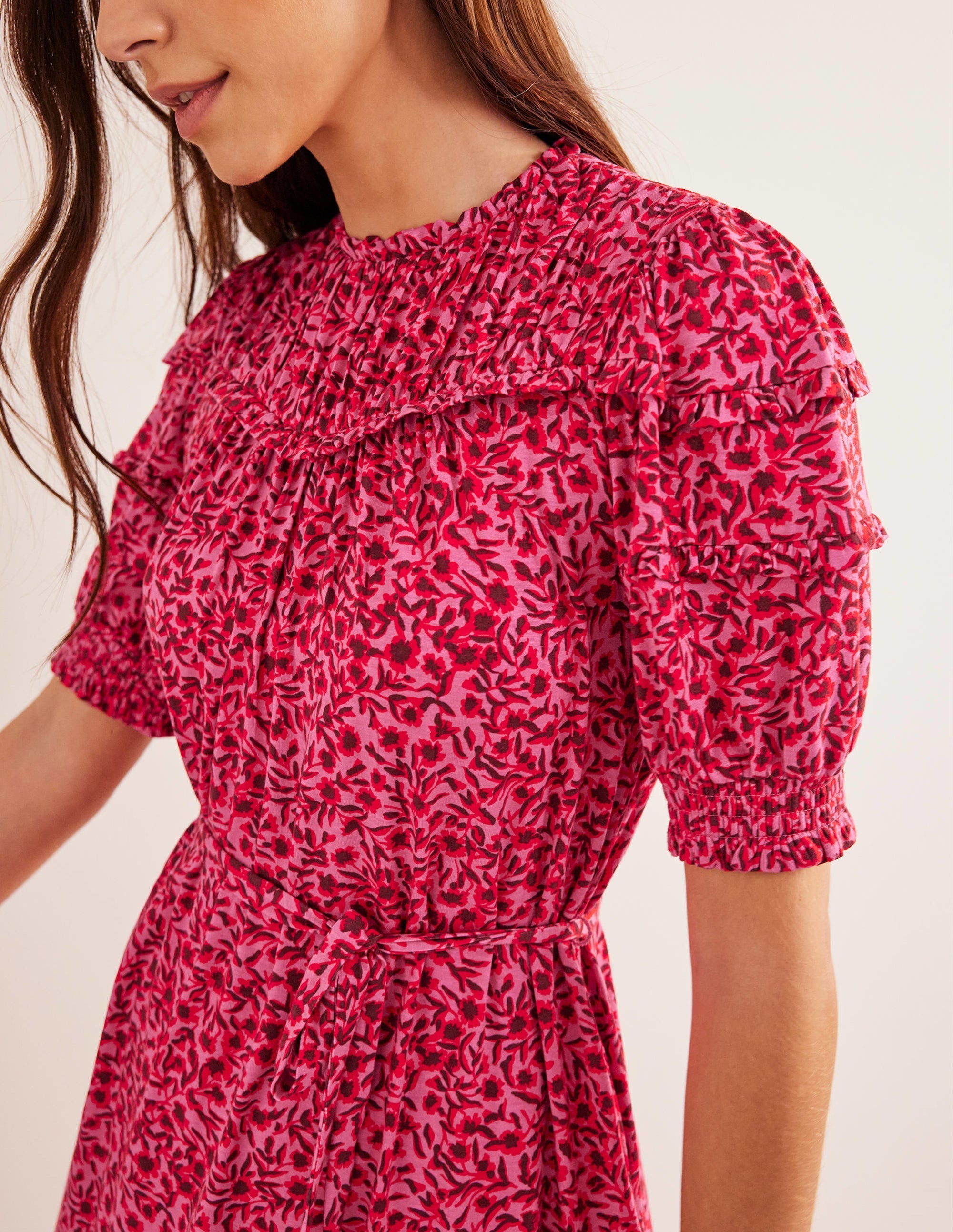 Yoke Detail Jersey Mini Dress-Gin Fizz, Abstract Vine - Image 5