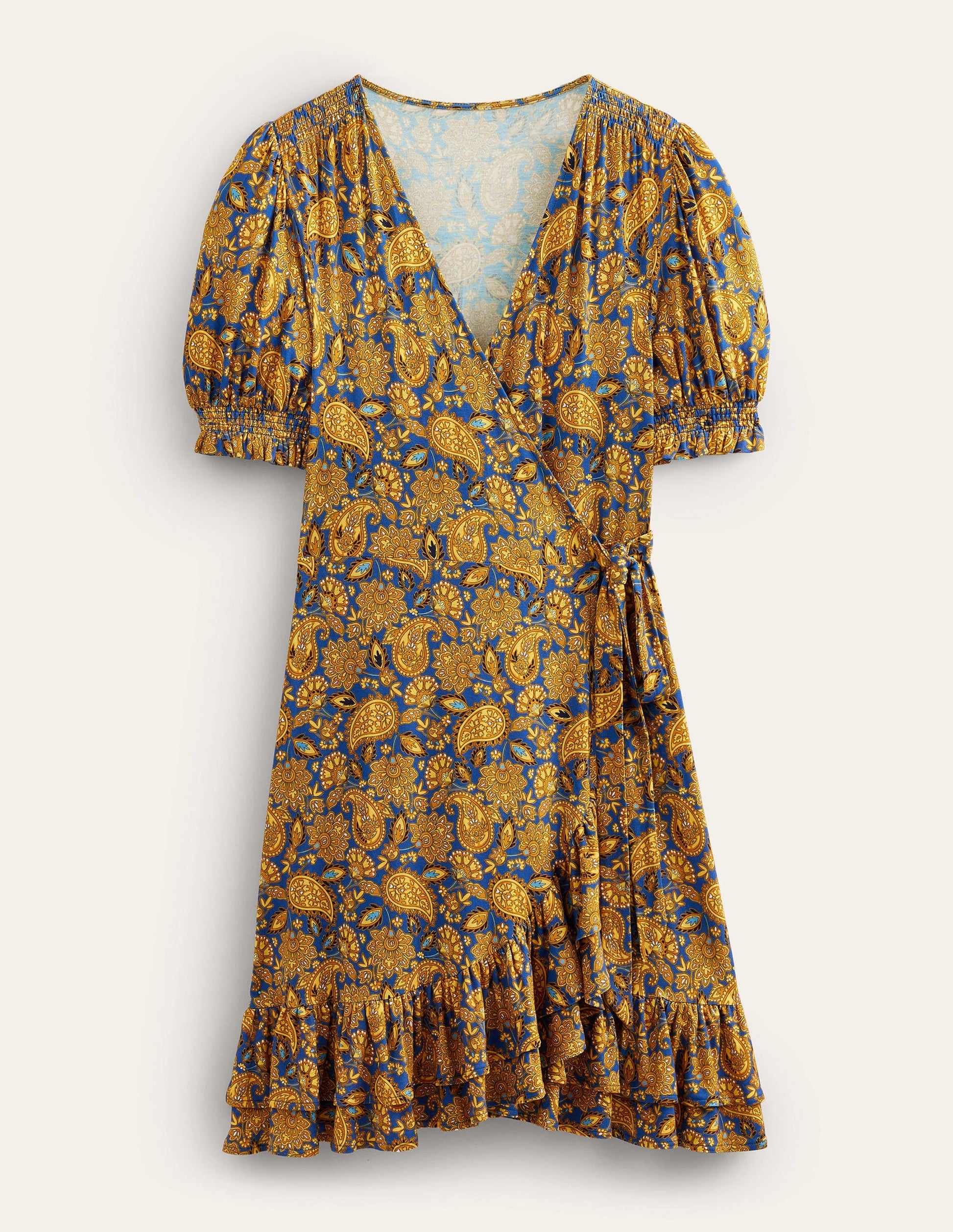 Ruffle Wrap Jersey Mini Dress-Harvest Gold, Paisley Terrace-5