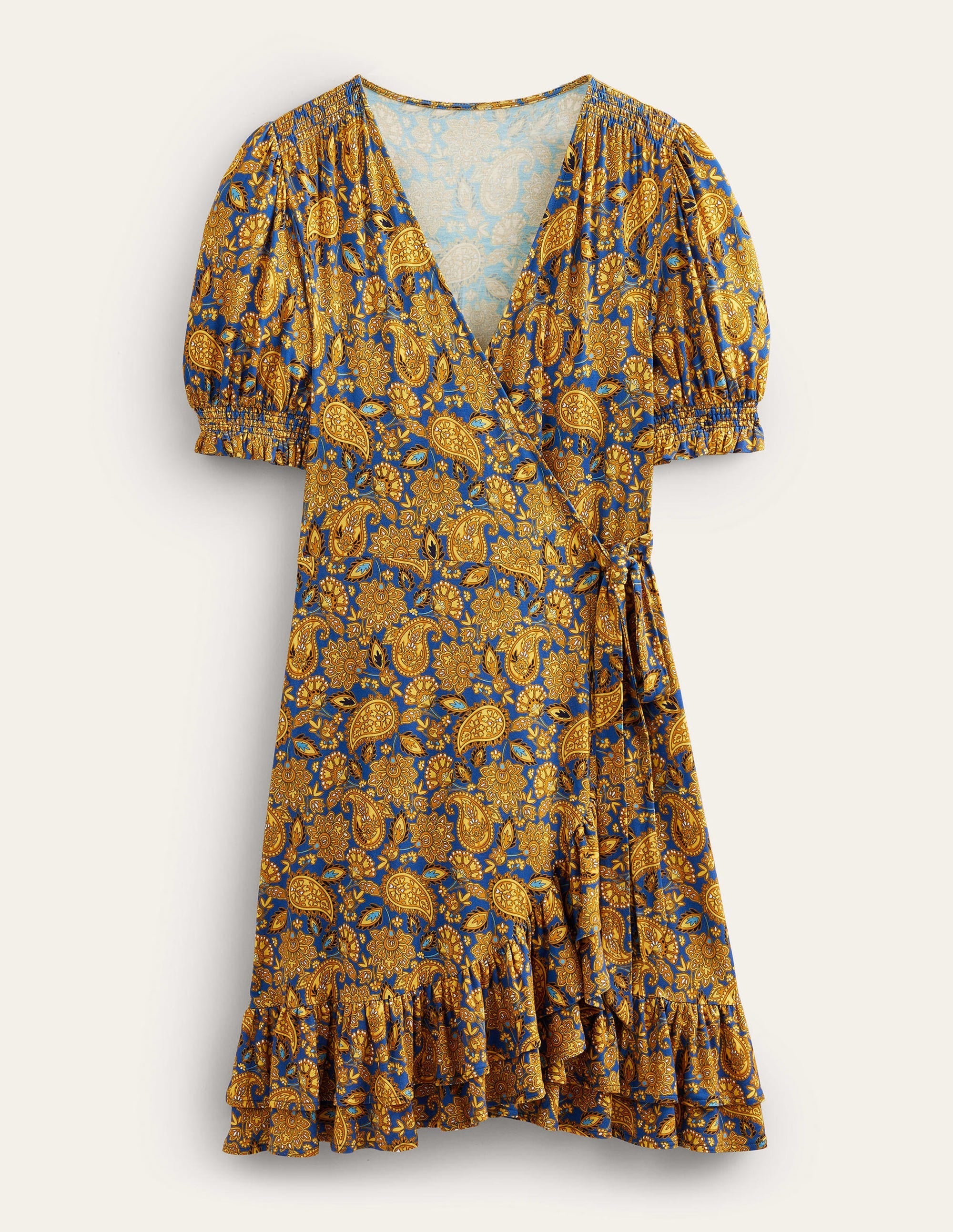 Ruffle Wrap Jersey Mini Dress-Harvest Gold, Paisley Terrace - Image 5