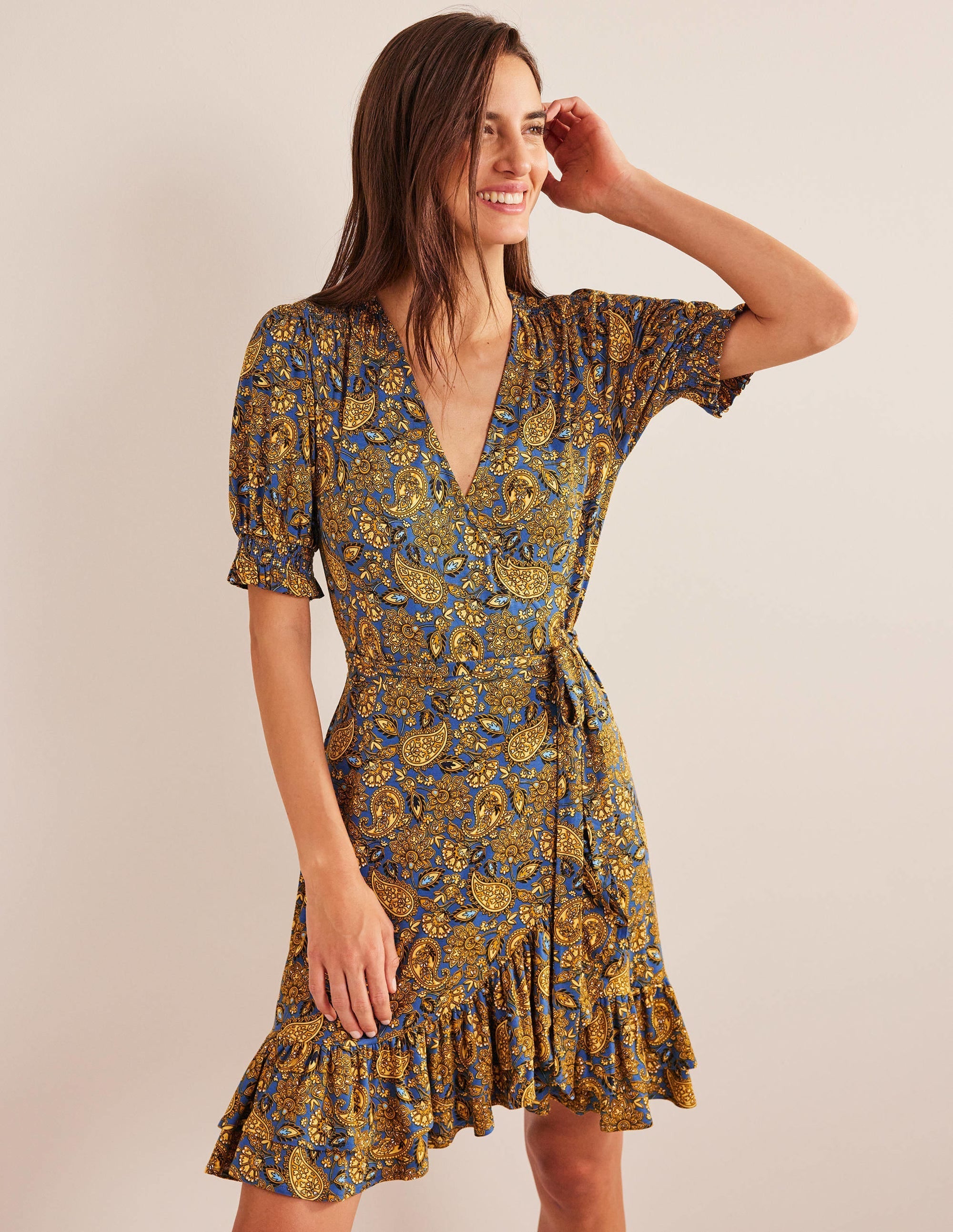 Ruffle Wrap Jersey Mini Dress-Harvest Gold, Paisley Terrace - Image 1