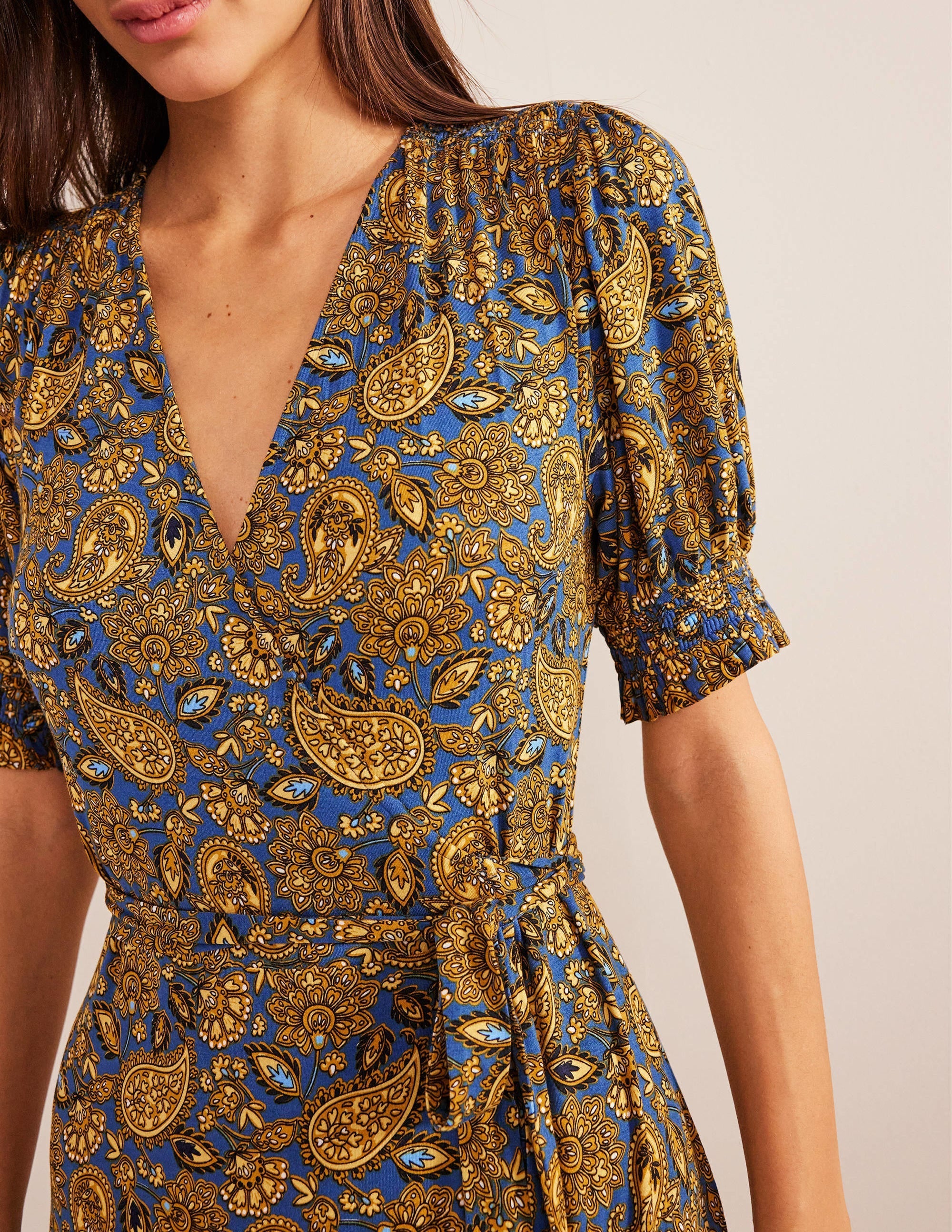 Ruffle Wrap Jersey Mini Dress-Harvest Gold, Paisley Terrace - Image 2