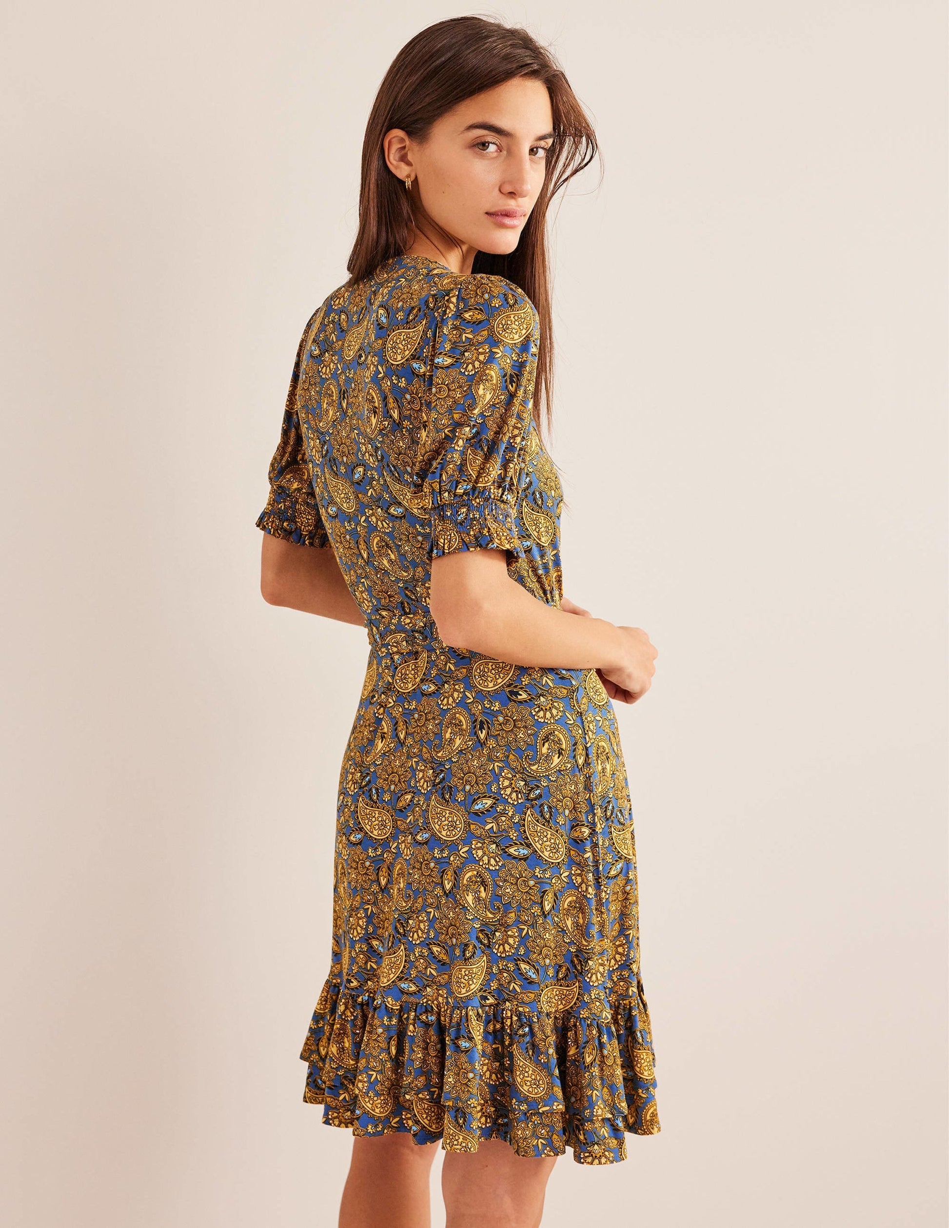 Ruffle Wrap Jersey Mini Dress-Harvest Gold, Paisley Terrace-3