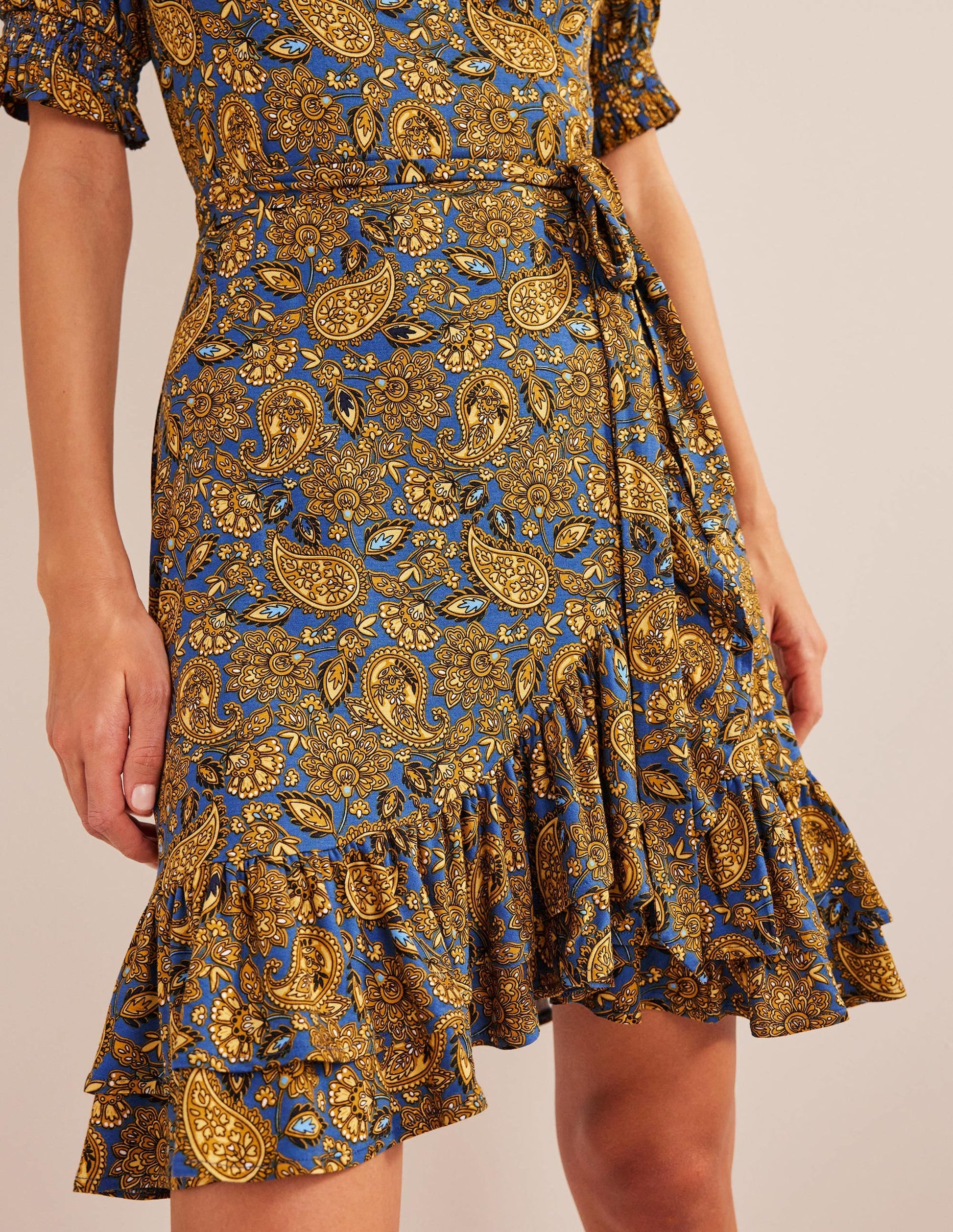 Ruffle Wrap Jersey Mini Dress-Harvest Gold, Paisley Terrace-4