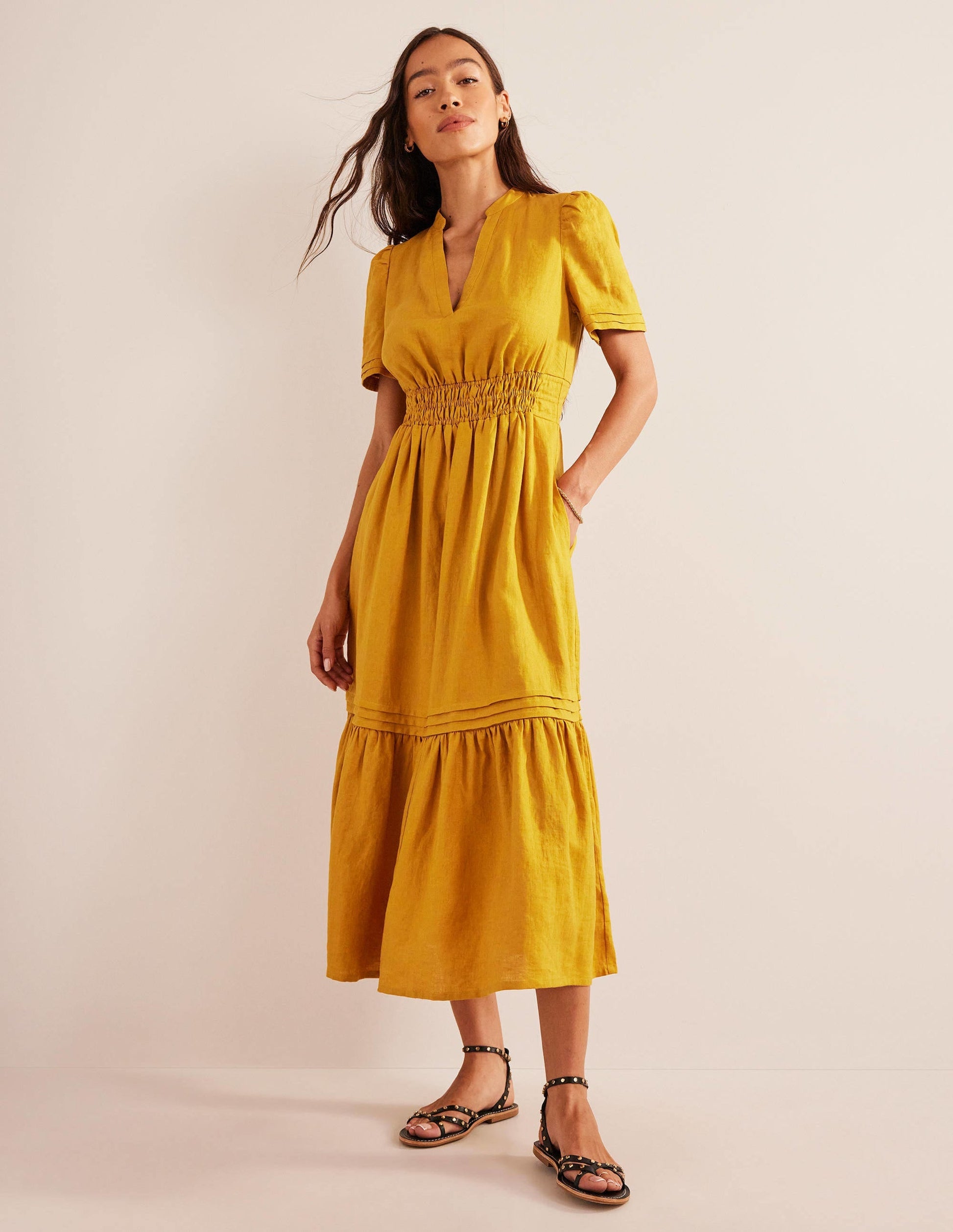 Pintuck Detail Midi Dress-Harvest Gold-1