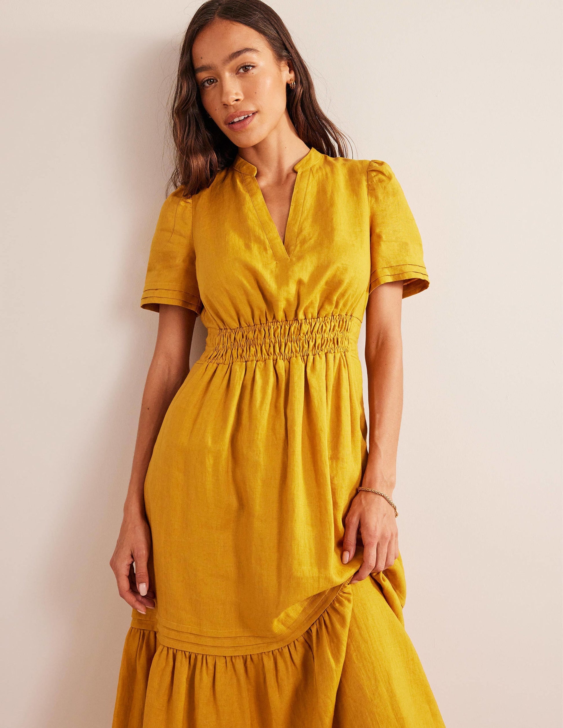 Pintuck Detail Midi Dress-Harvest Gold-4