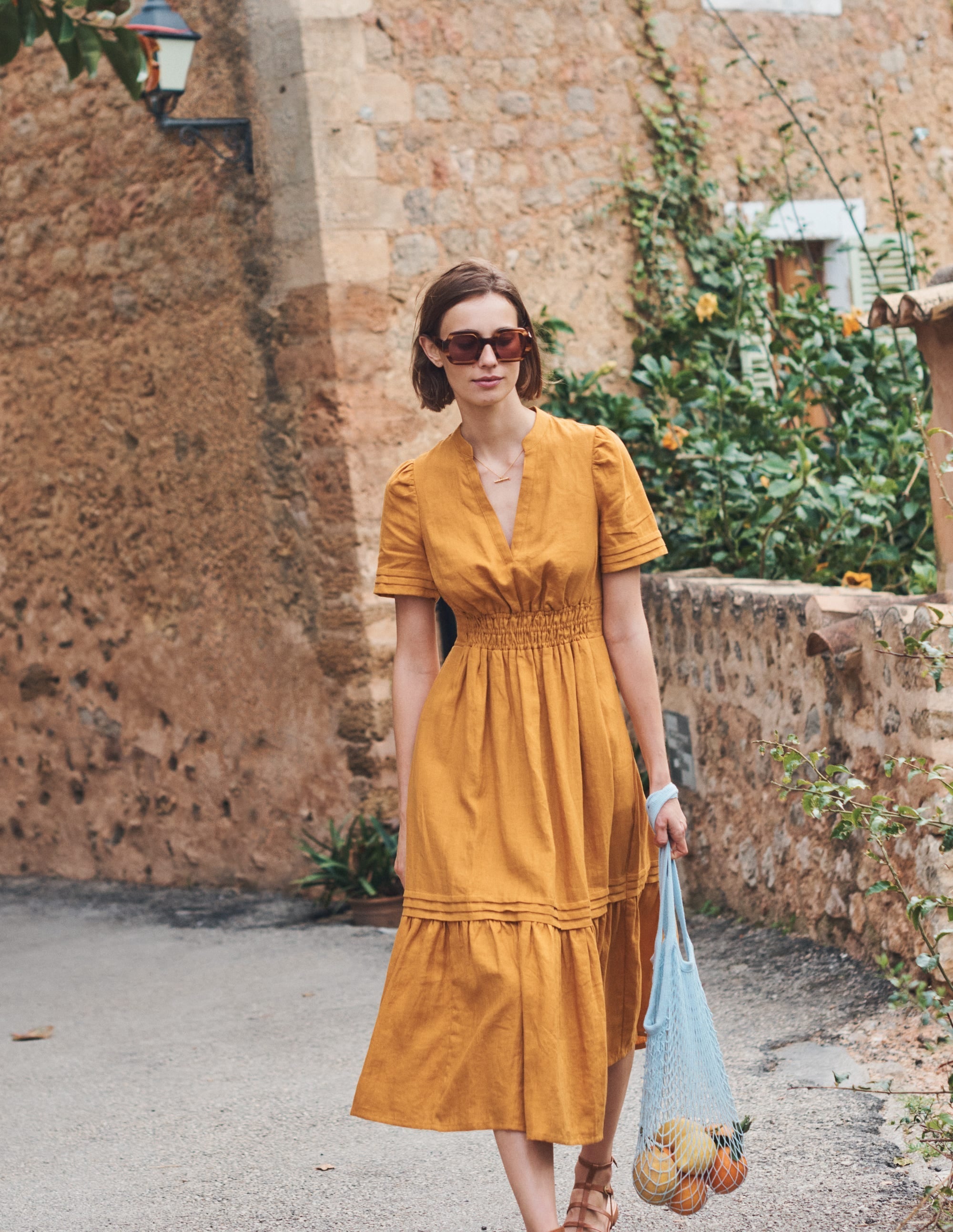 Pintuck Detail Midi Dress-Harvest Gold - Image 5