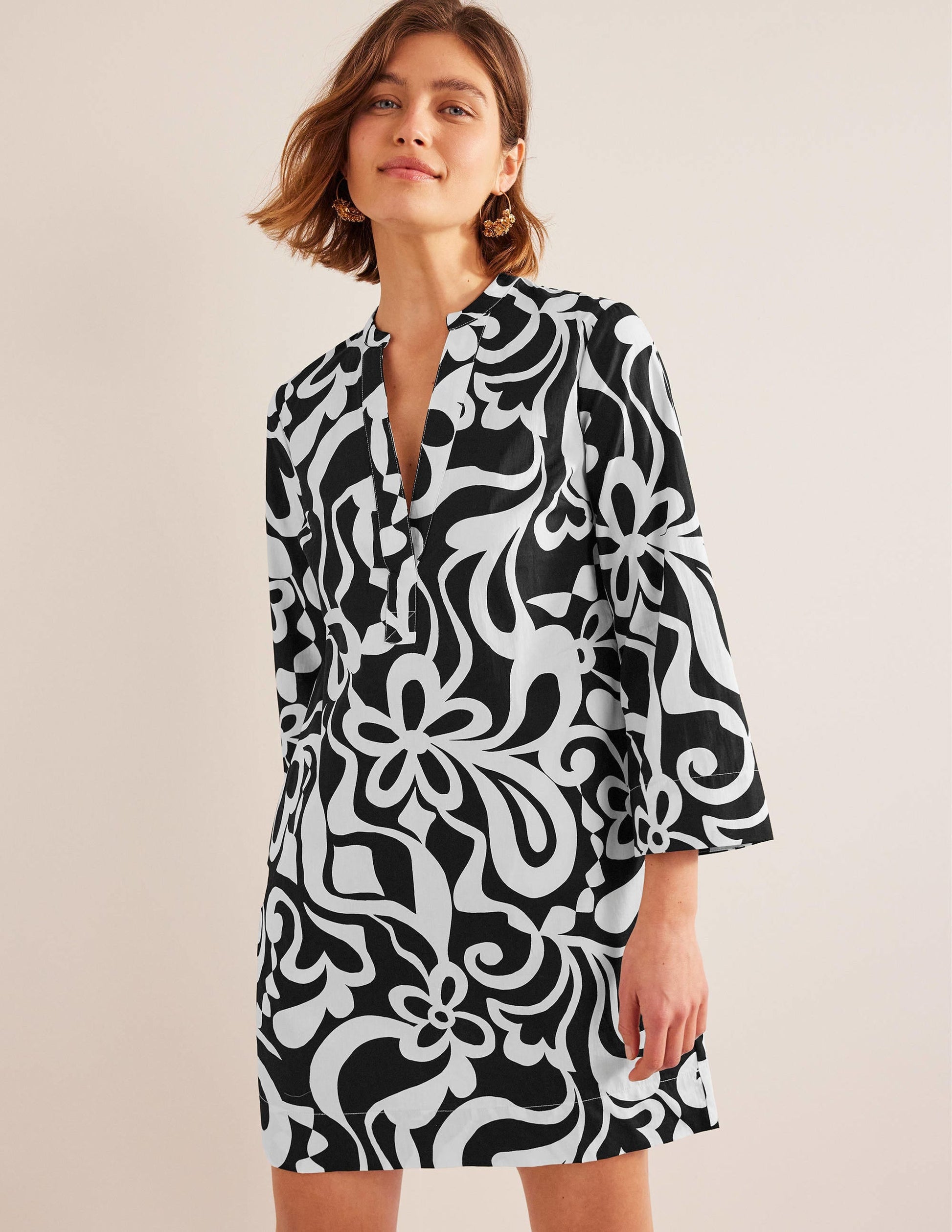 Notch Neck Mini Shift Dress-Black, Bloom Azure-1