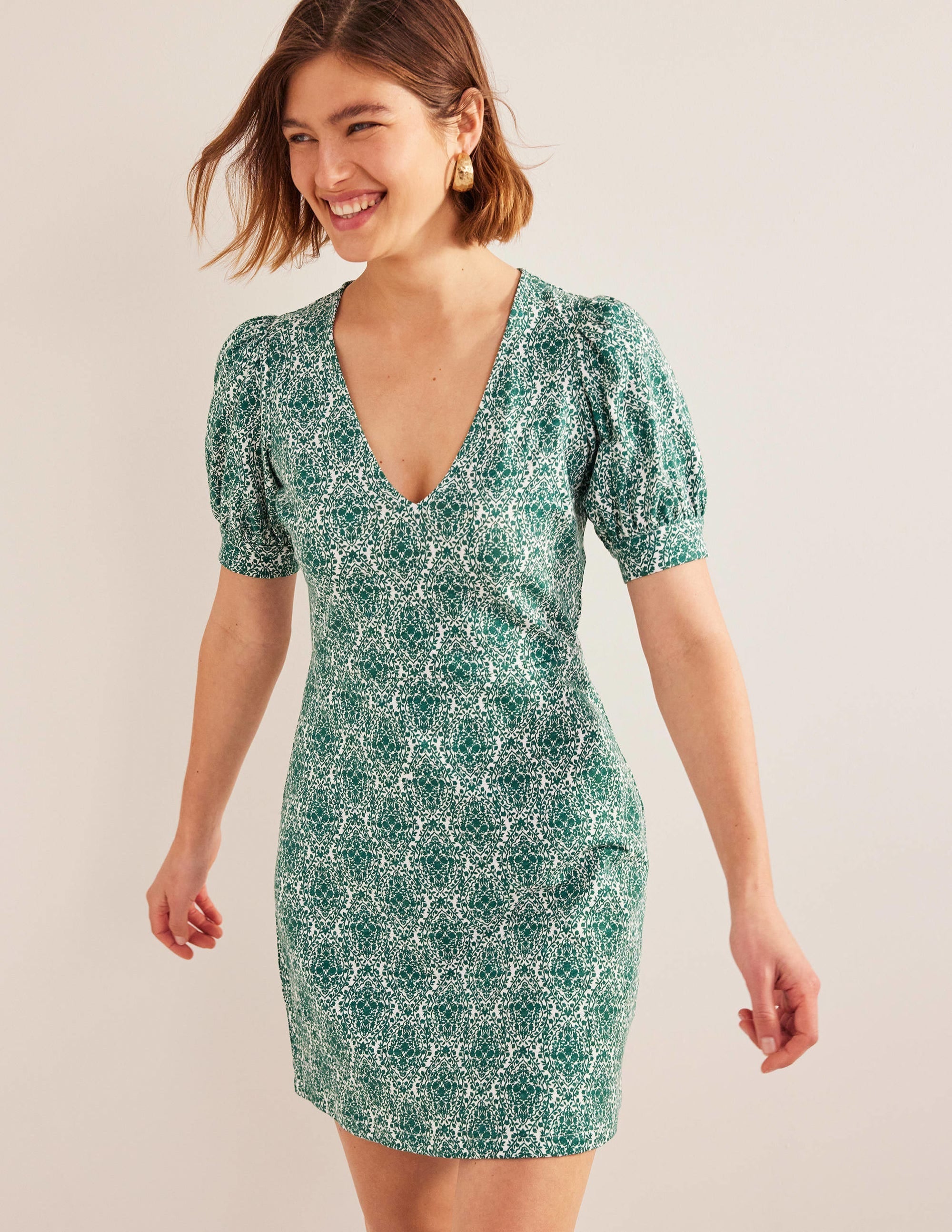 V-Neck Jersey Mini Dress-Bottle Green, Vine Terrace - Image 1