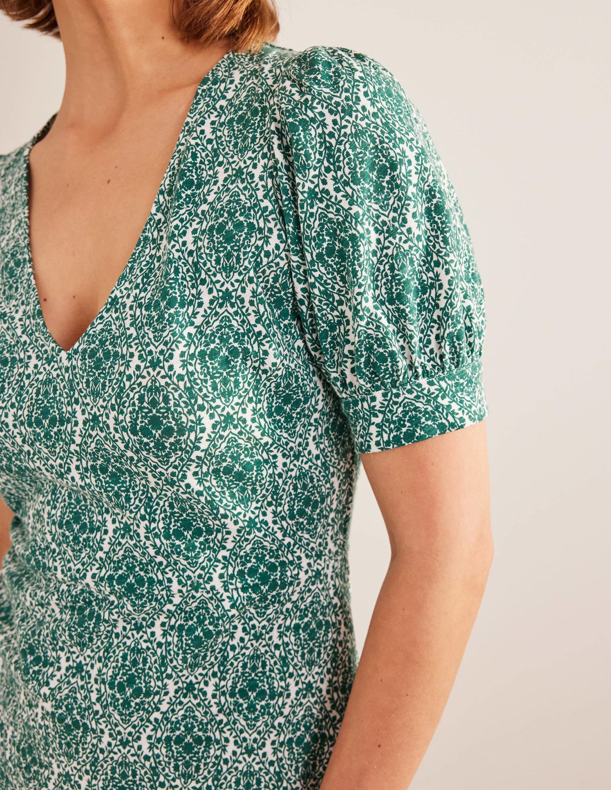 V-Neck Jersey Mini Dress-Bottle Green, Vine Terrace-2