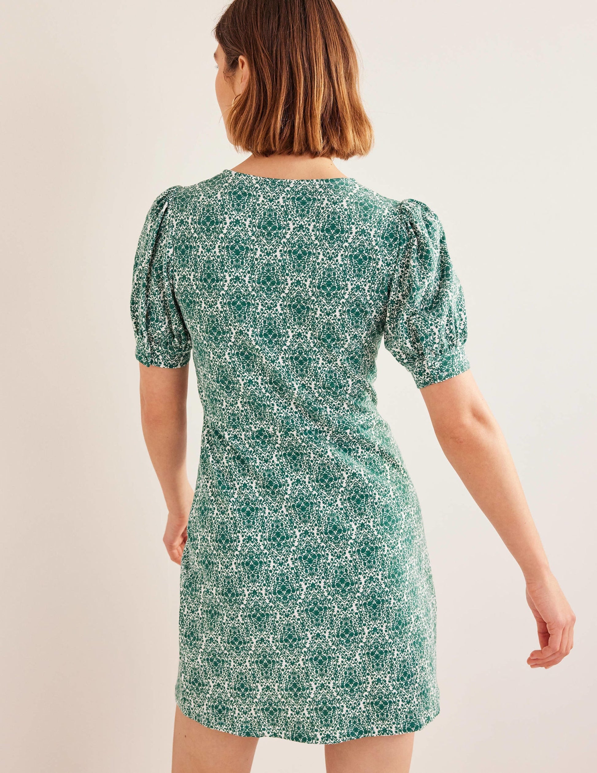 V-Neck Jersey Mini Dress-Bottle Green, Vine Terrace-3