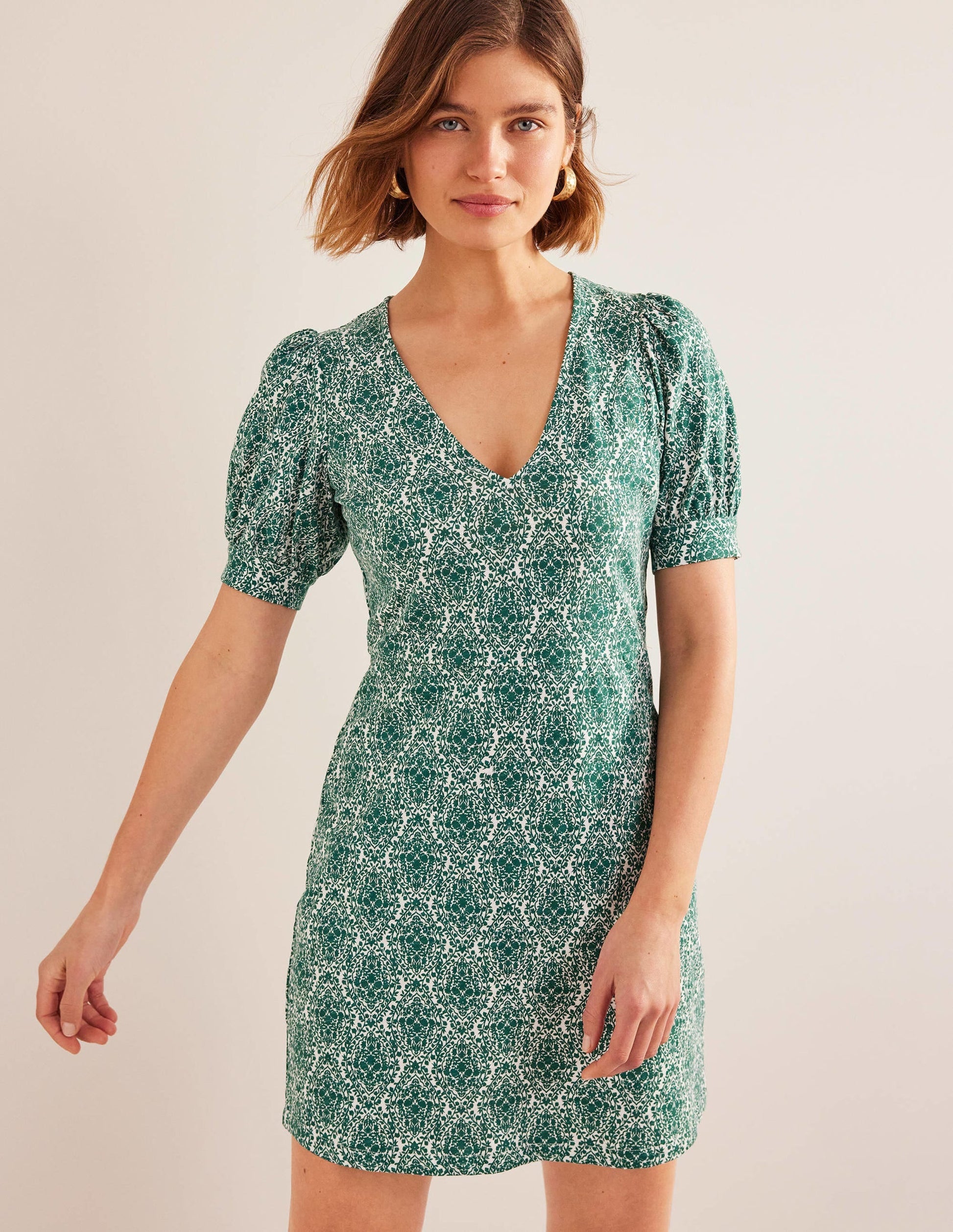 V-Neck Jersey Mini Dress-Bottle Green, Vine Terrace-4