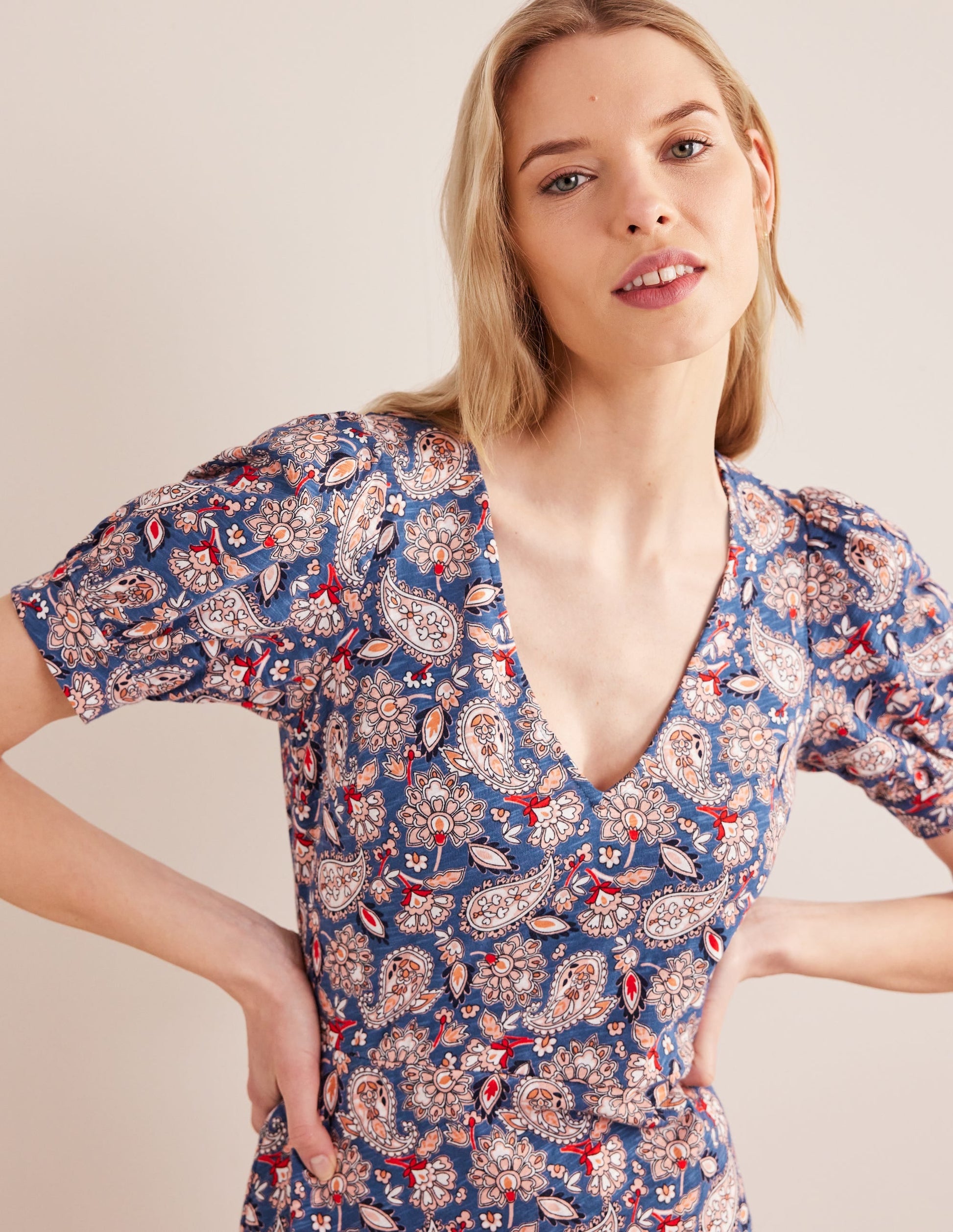 V-Neck Jersey Mini Dress-Navy, Paisley Terrace-2