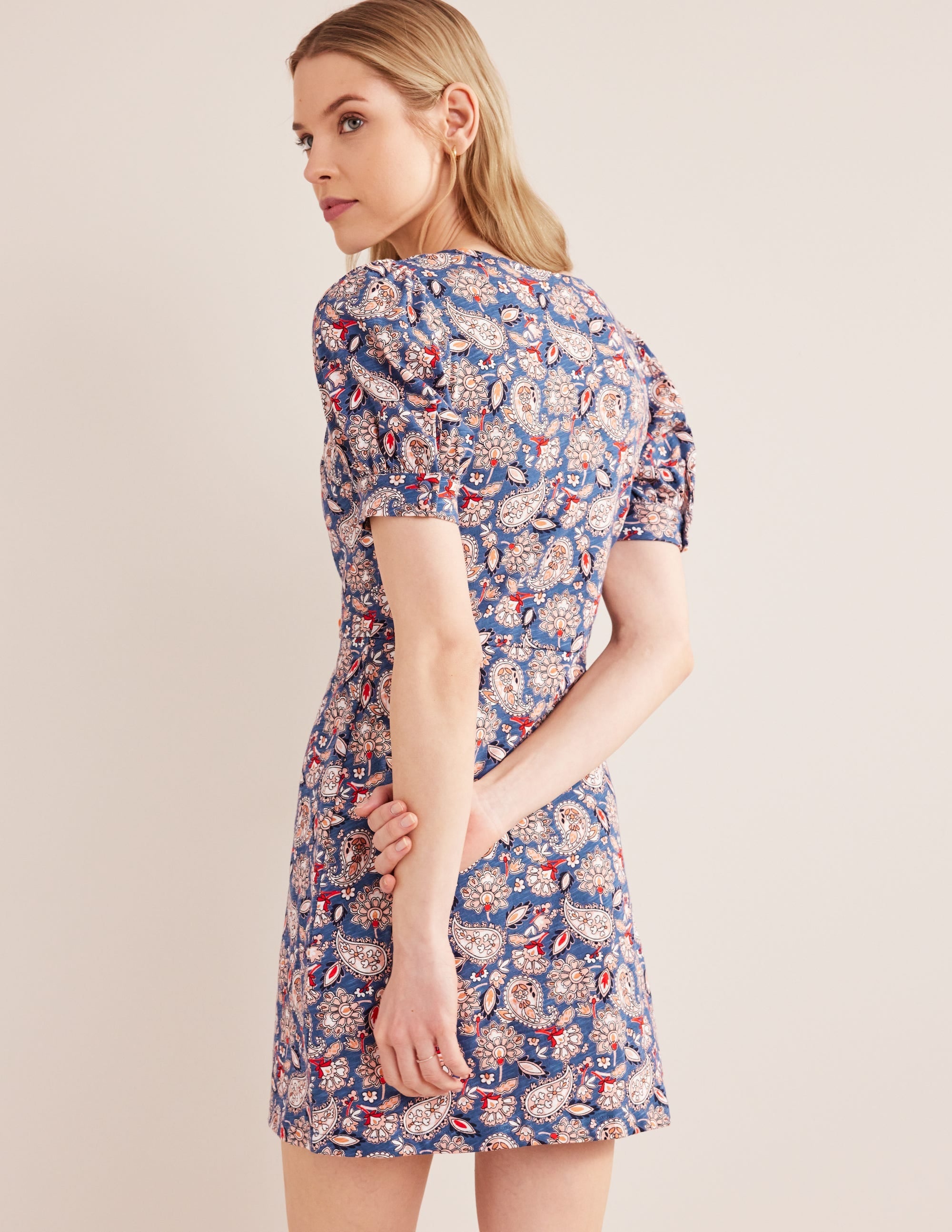 V-Neck Jersey Mini Dress-Navy, Paisley Terrace - Image 3