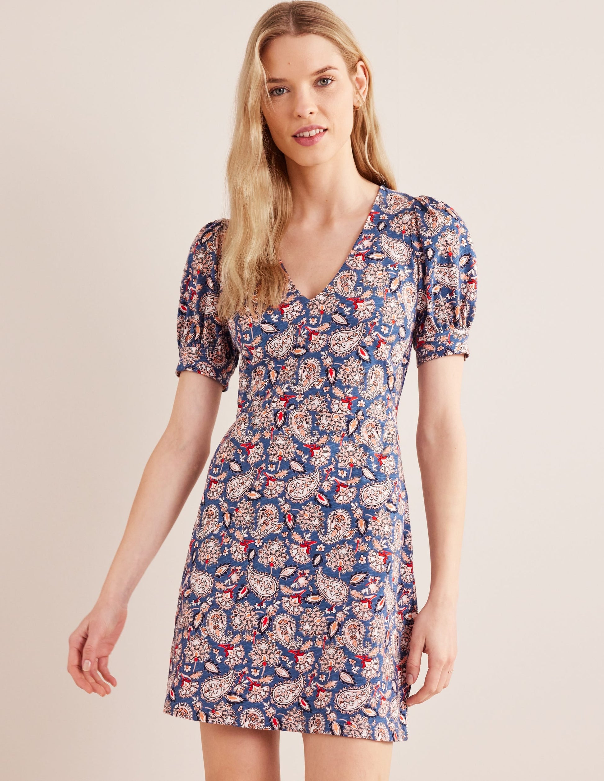 V-Neck Jersey Mini Dress-Navy, Paisley Terrace-4