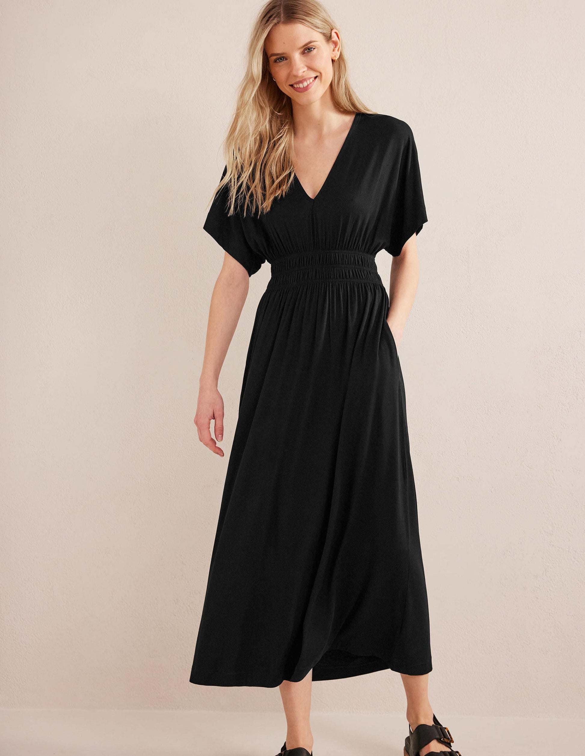 Smock Waist Jersey Maxi Dress-Black-1
