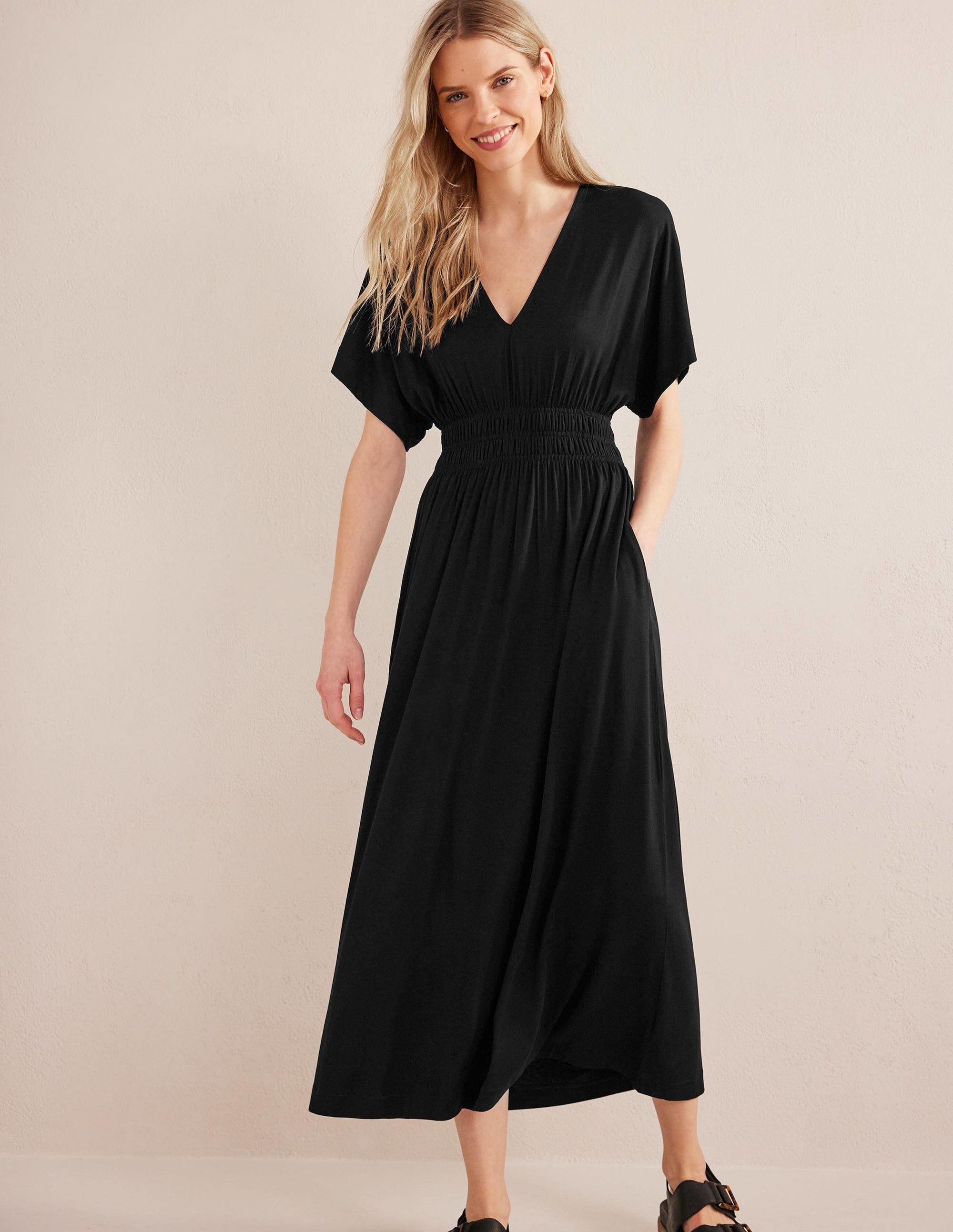 Smock Waist Jersey Maxi Dress-Black - Image 1