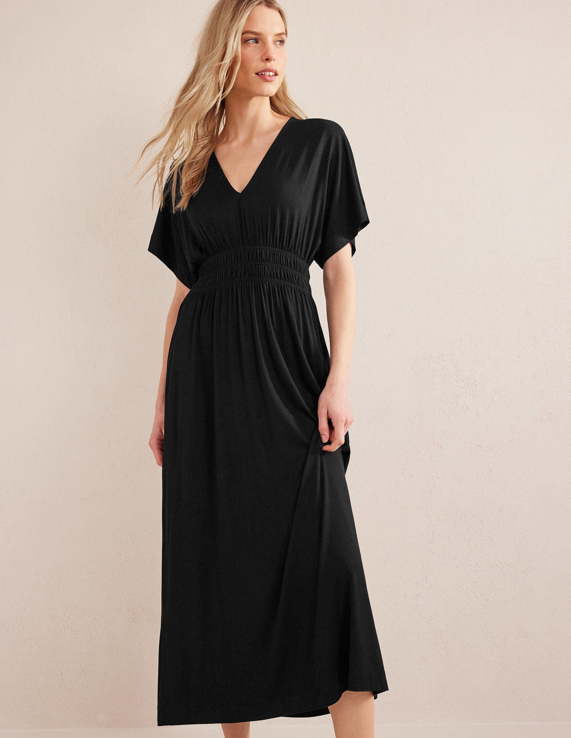 Smock Waist Jersey Maxi Dress-Black-4