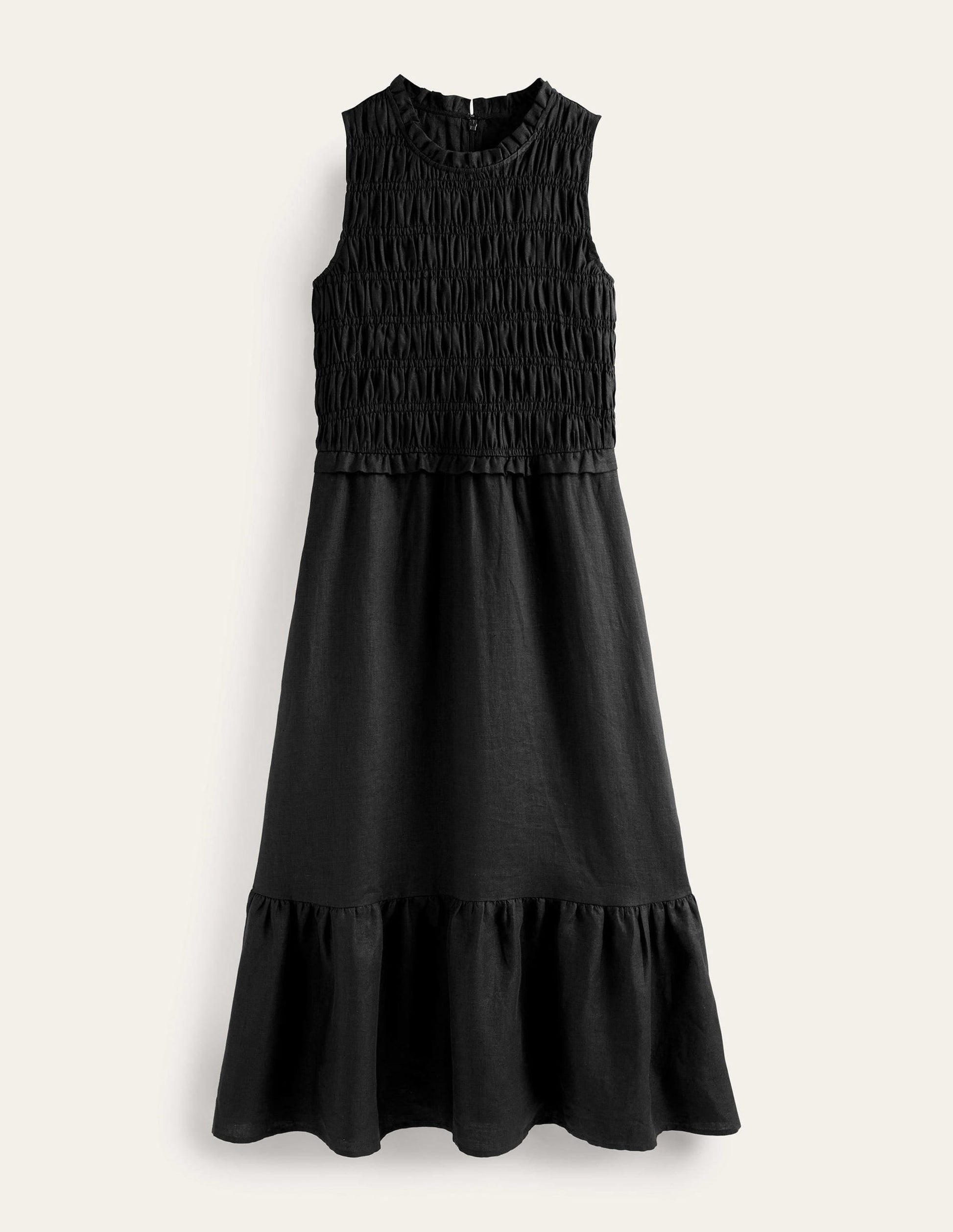 Smocked Linen Midi Dress-Black-6