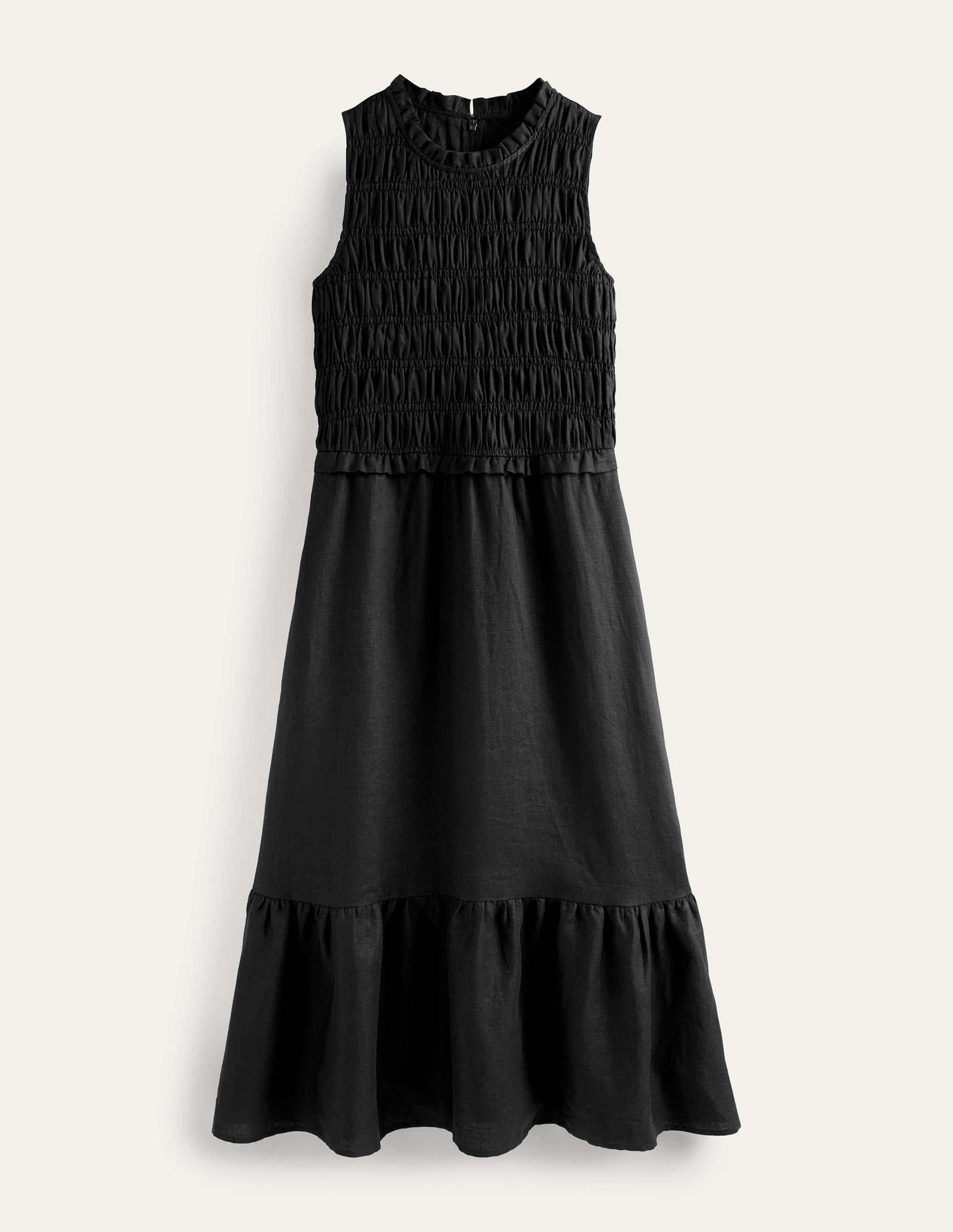 Smocked Linen Midi Dress-Black - Image 6