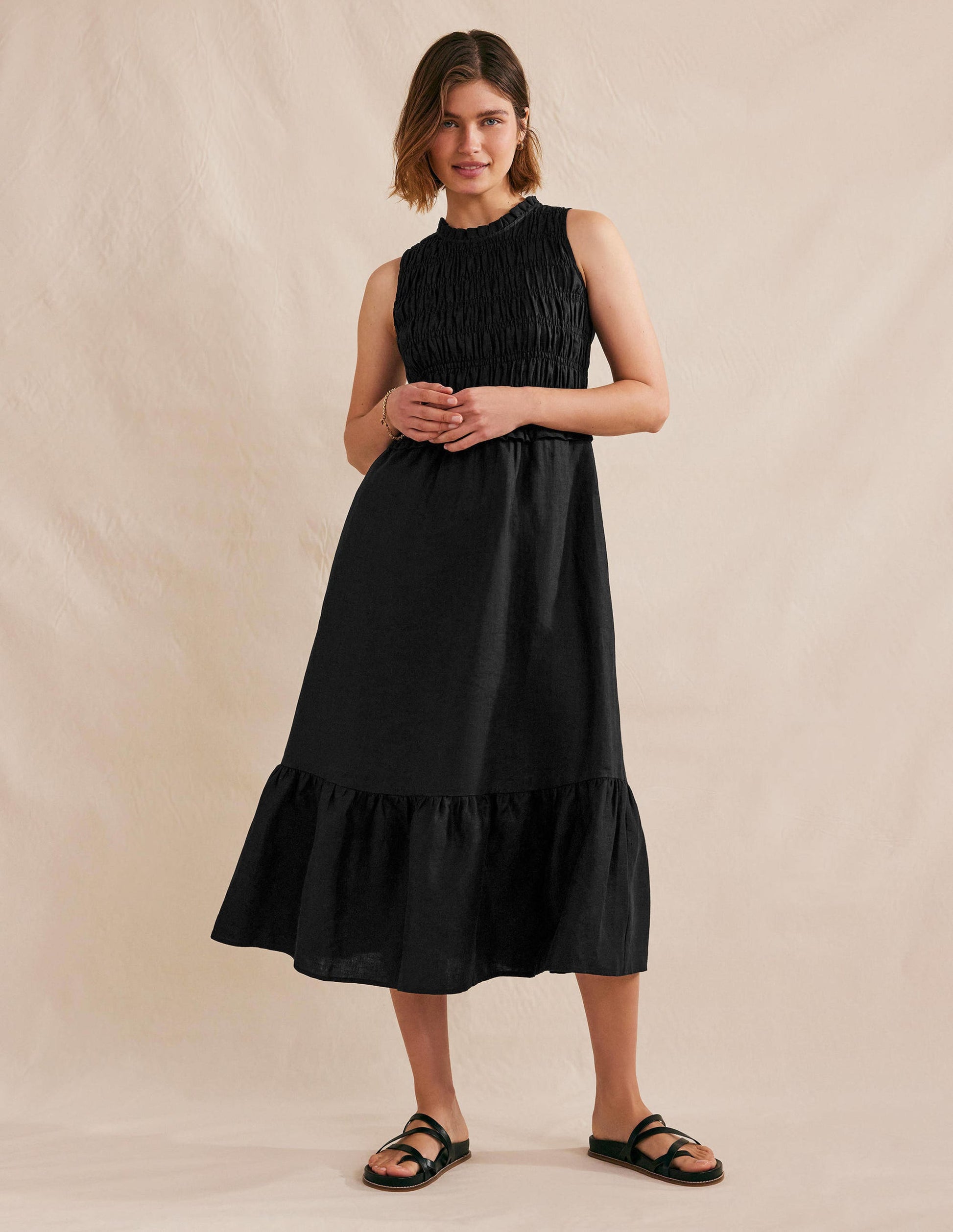 Smocked Linen Midi Dress-Black-1