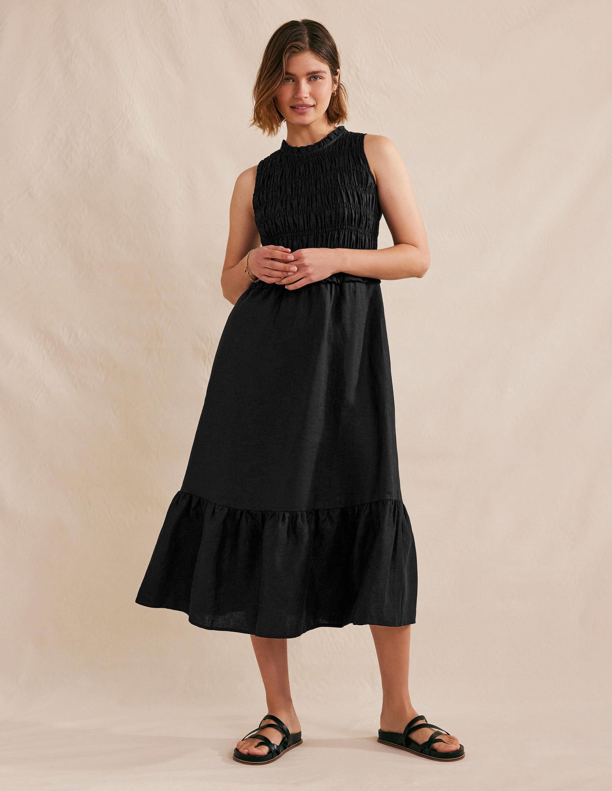 Smocked Linen Midi Dress-Black - Image 1