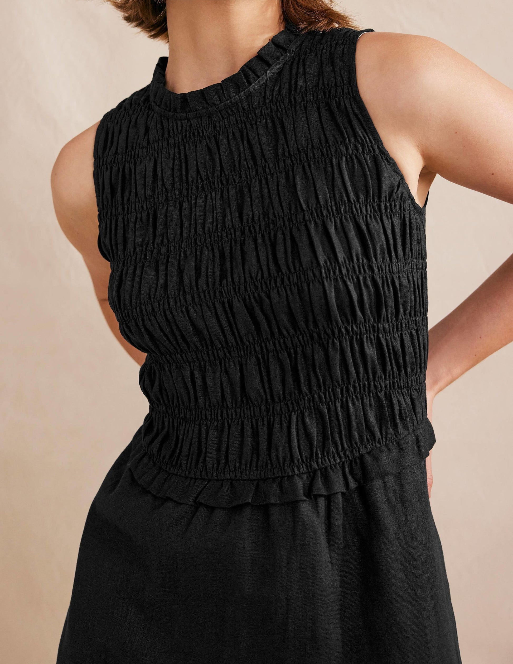 Smocked Linen Midi Dress-Black-2
