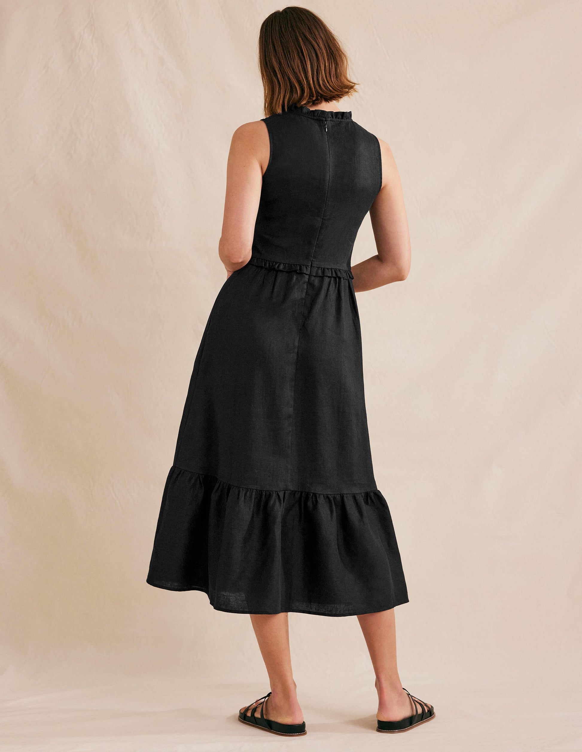 Smocked Linen Midi Dress-Black-3