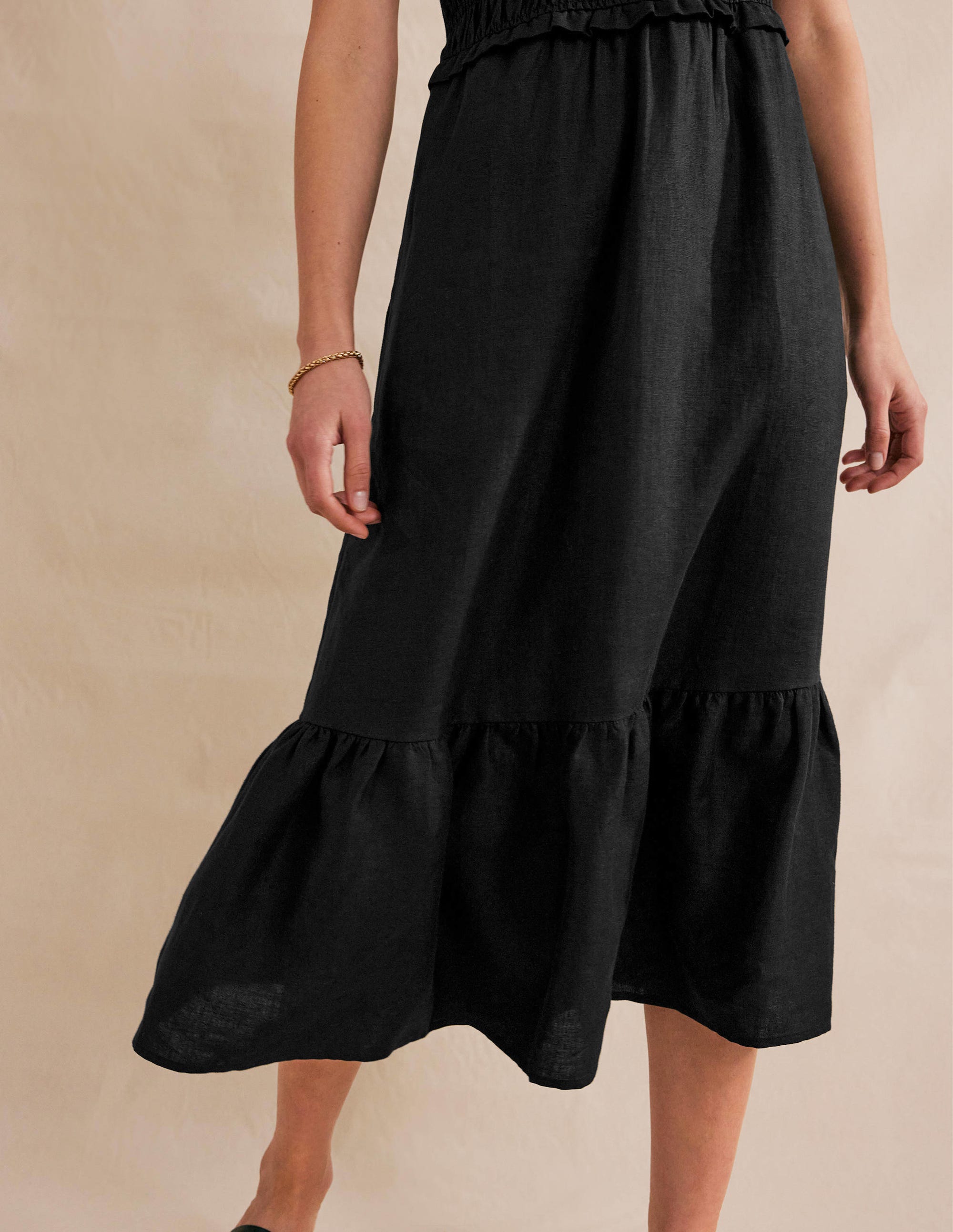 Smocked Linen Midi Dress-Black - Image 4