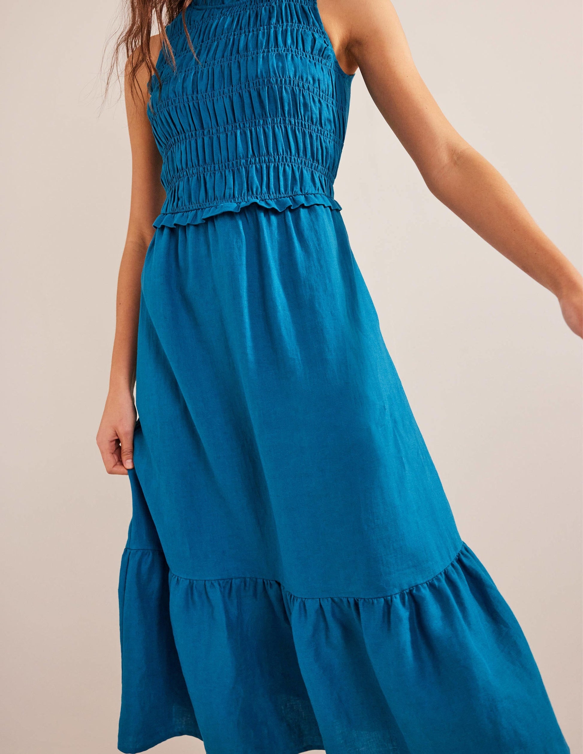 Smocked Linen Midi Dress-Crystal Teal-2
