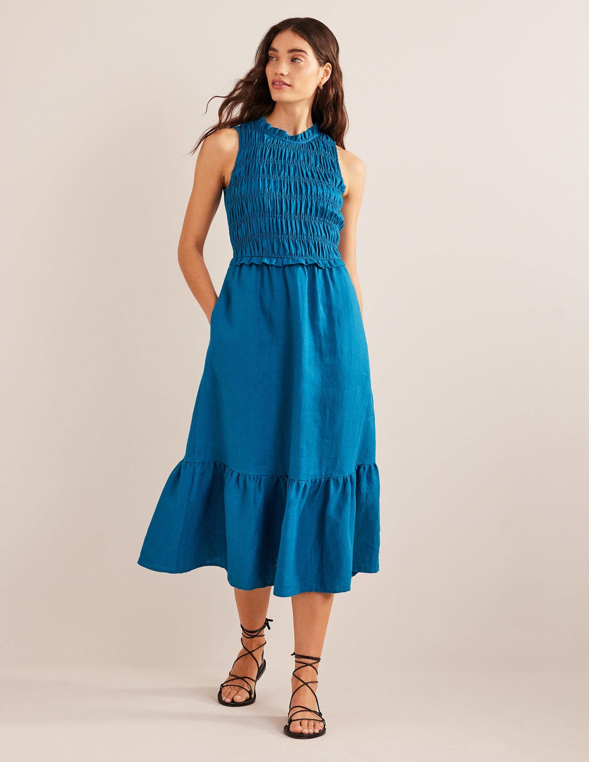 Smocked Linen Midi Dress-Crystal Teal-4