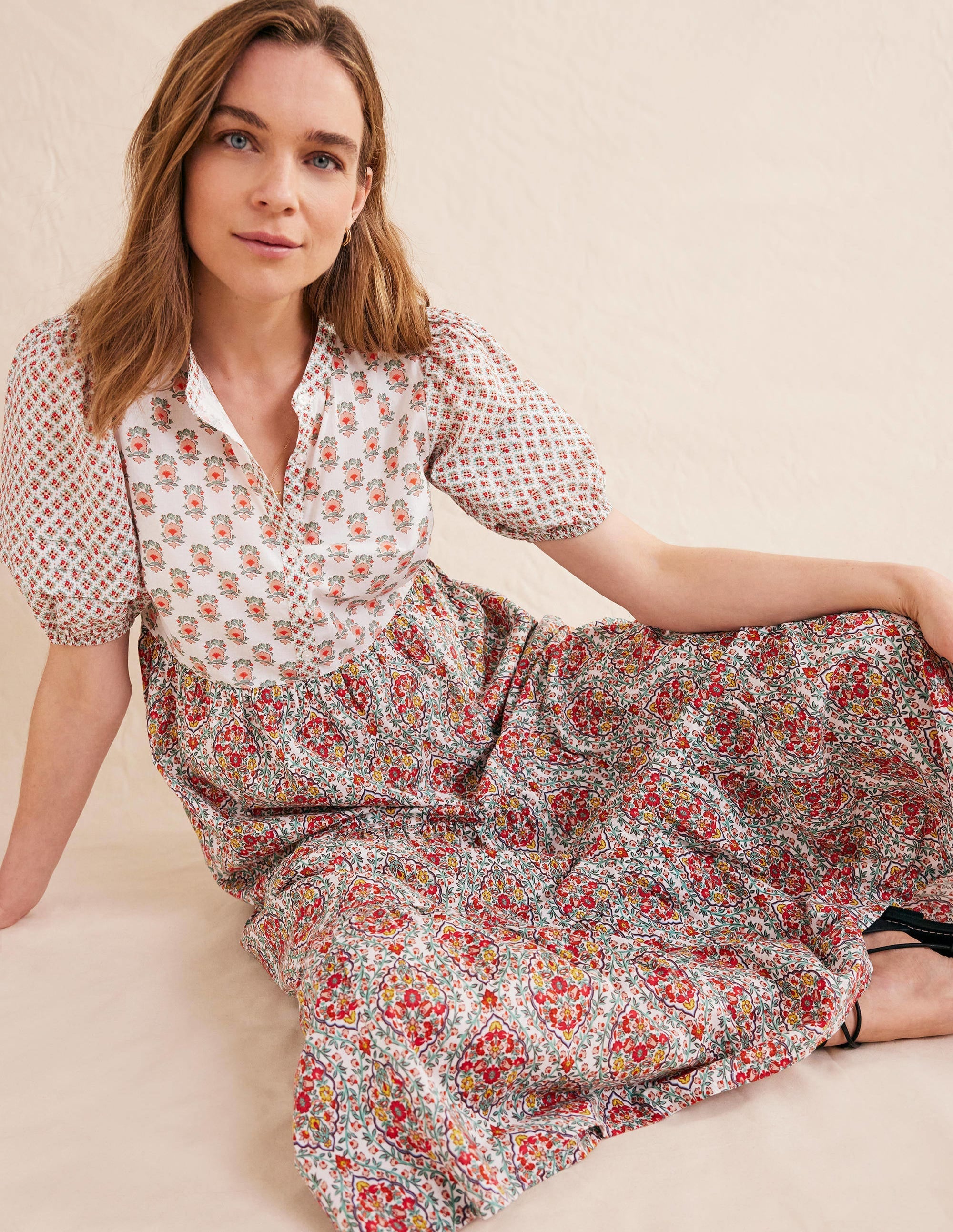 Pintuck Detail Maxi Dress-Ivory, Dainty Floret - Image 1