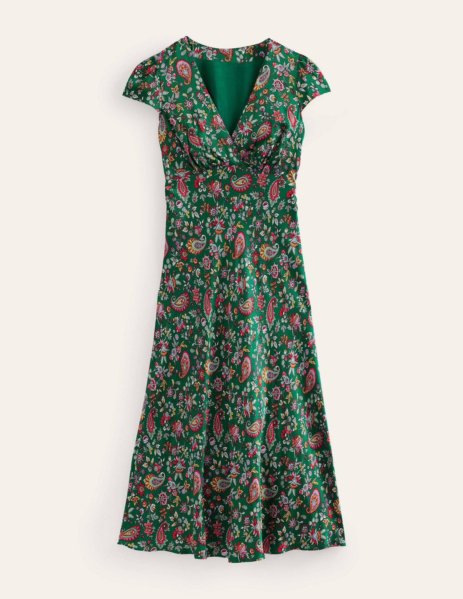 Satin Empire Midi Tea Dress-Green, Dandelion Paisley-6