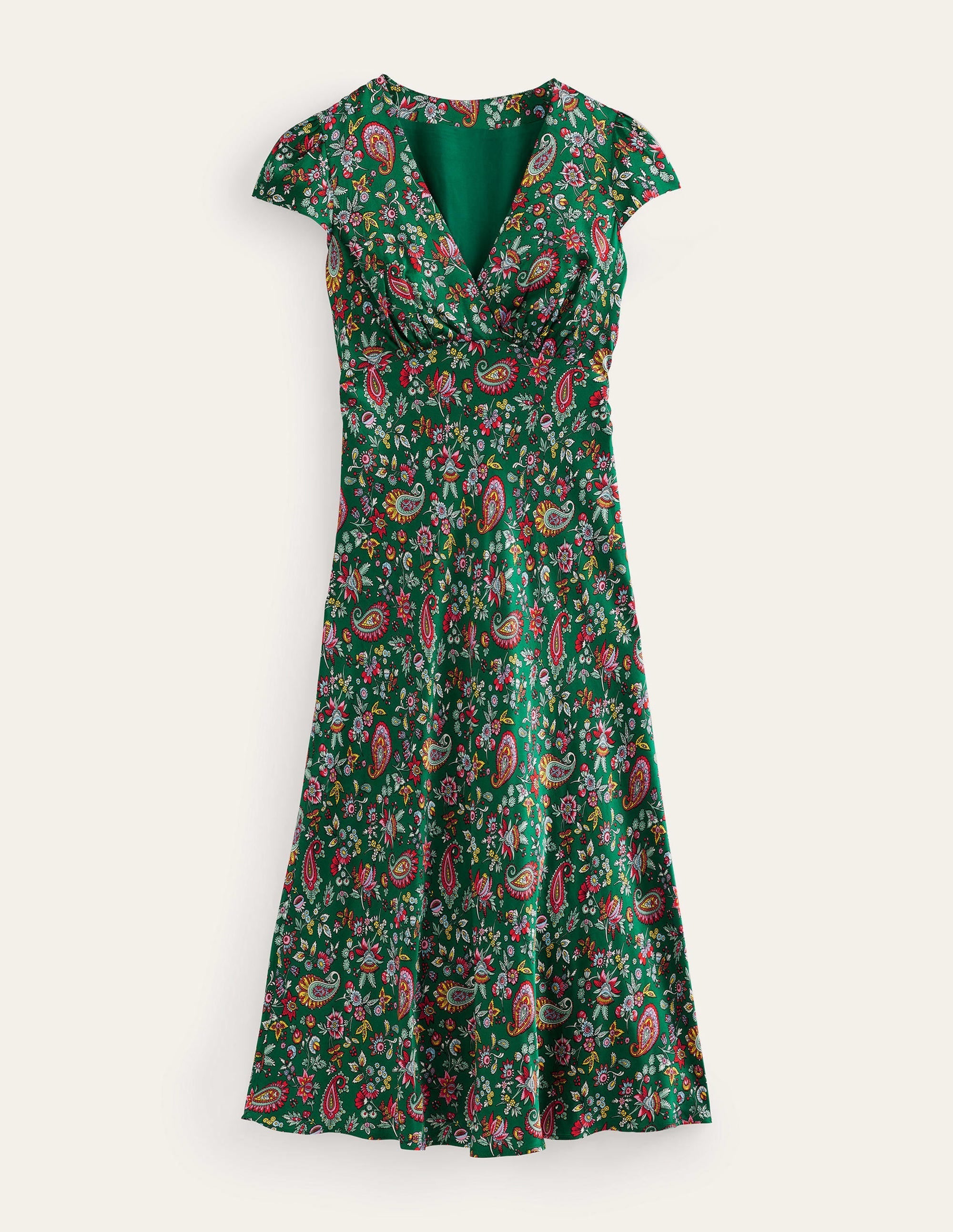 Satin Empire Midi Tea Dress-Green, Dandelion Paisley - Image 6