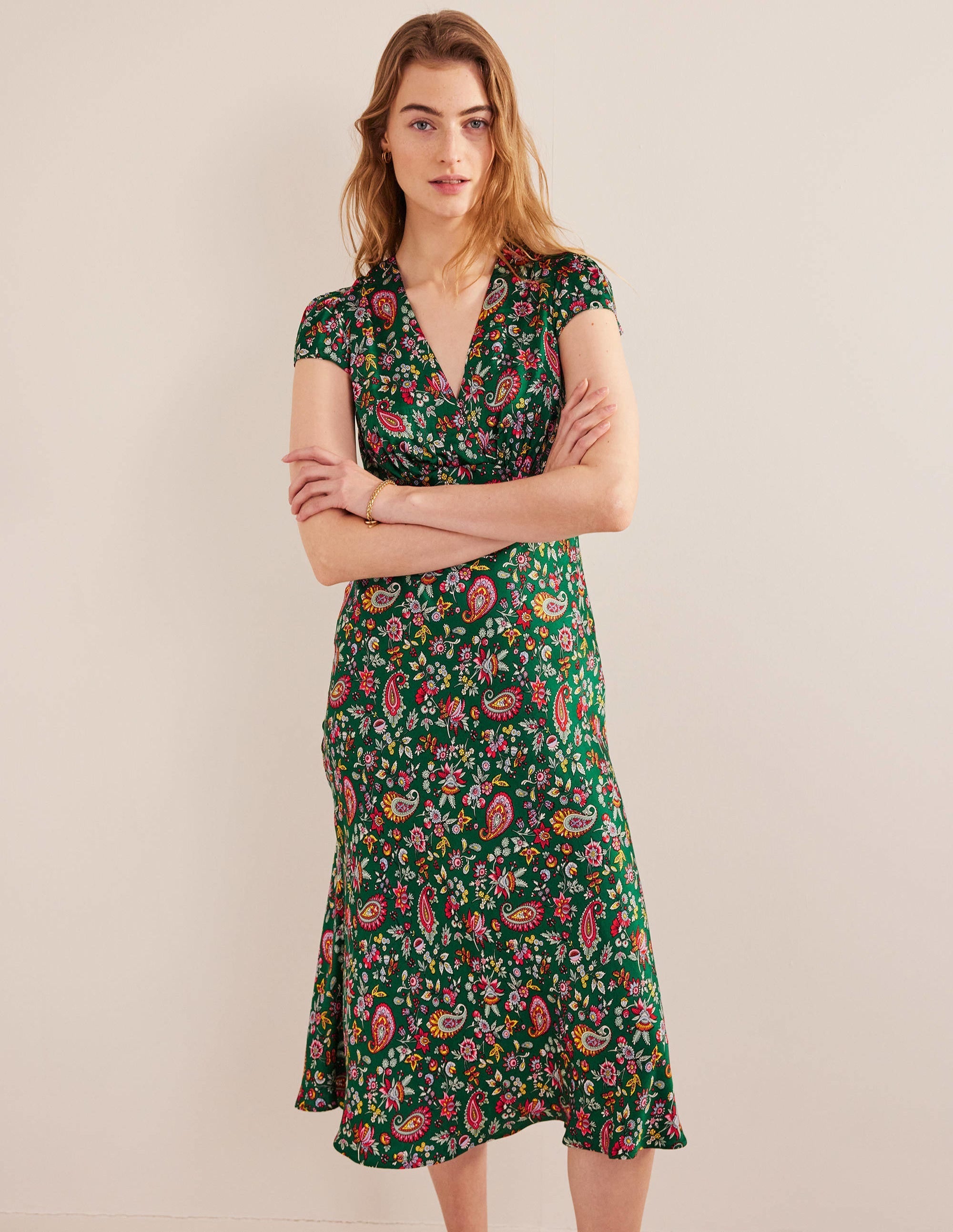 Satin Empire Midi Tea Dress-Green, Dandelion Paisley - Image 1