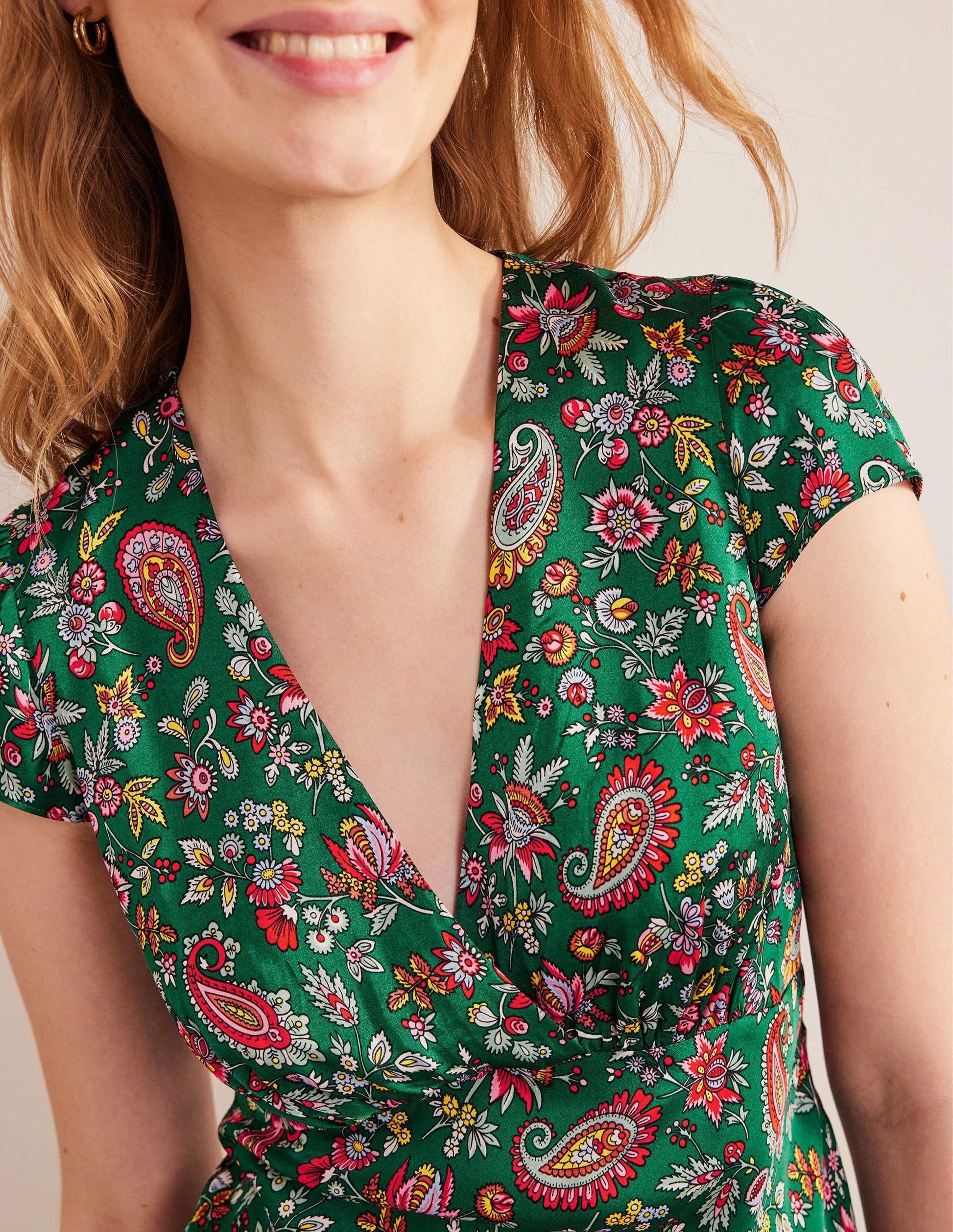 Satin Empire Midi Tea Dress-Green, Dandelion Paisley-2