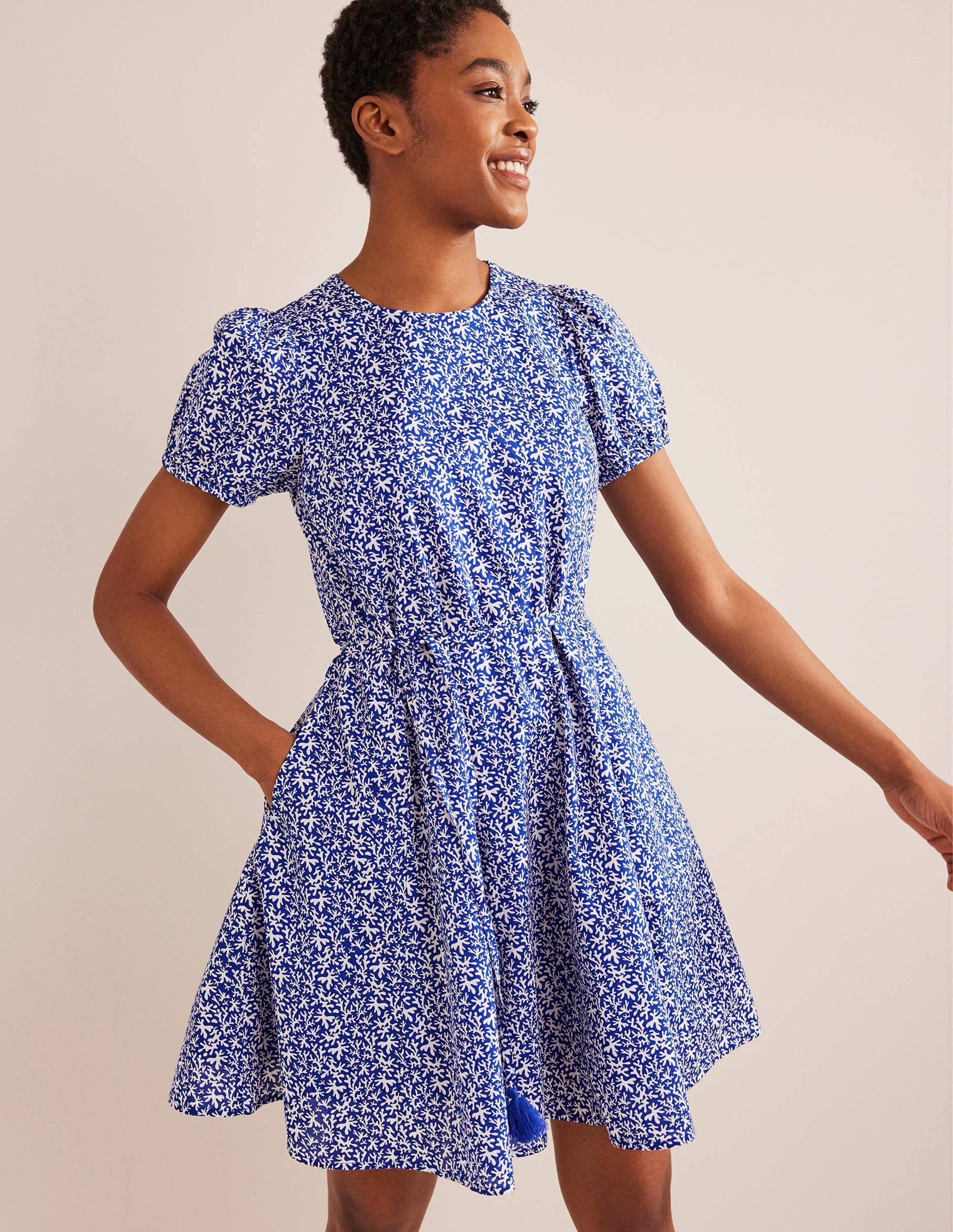 Full Skirted Mini Dress-Blue, Abstract Foliage - Image 1