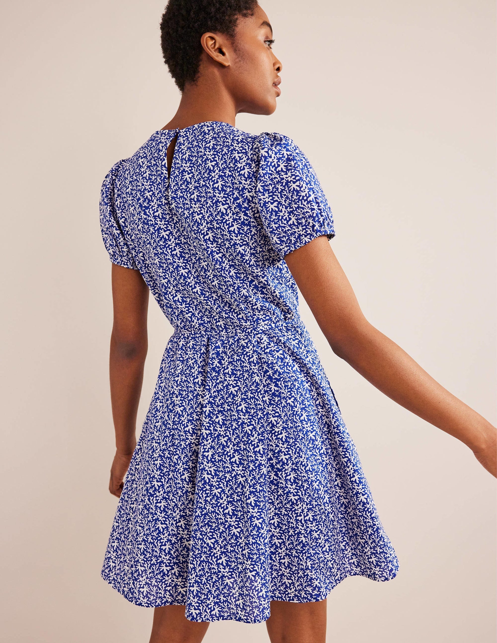 Full Skirted Mini Dress-Blue, Abstract Foliage - Image 3