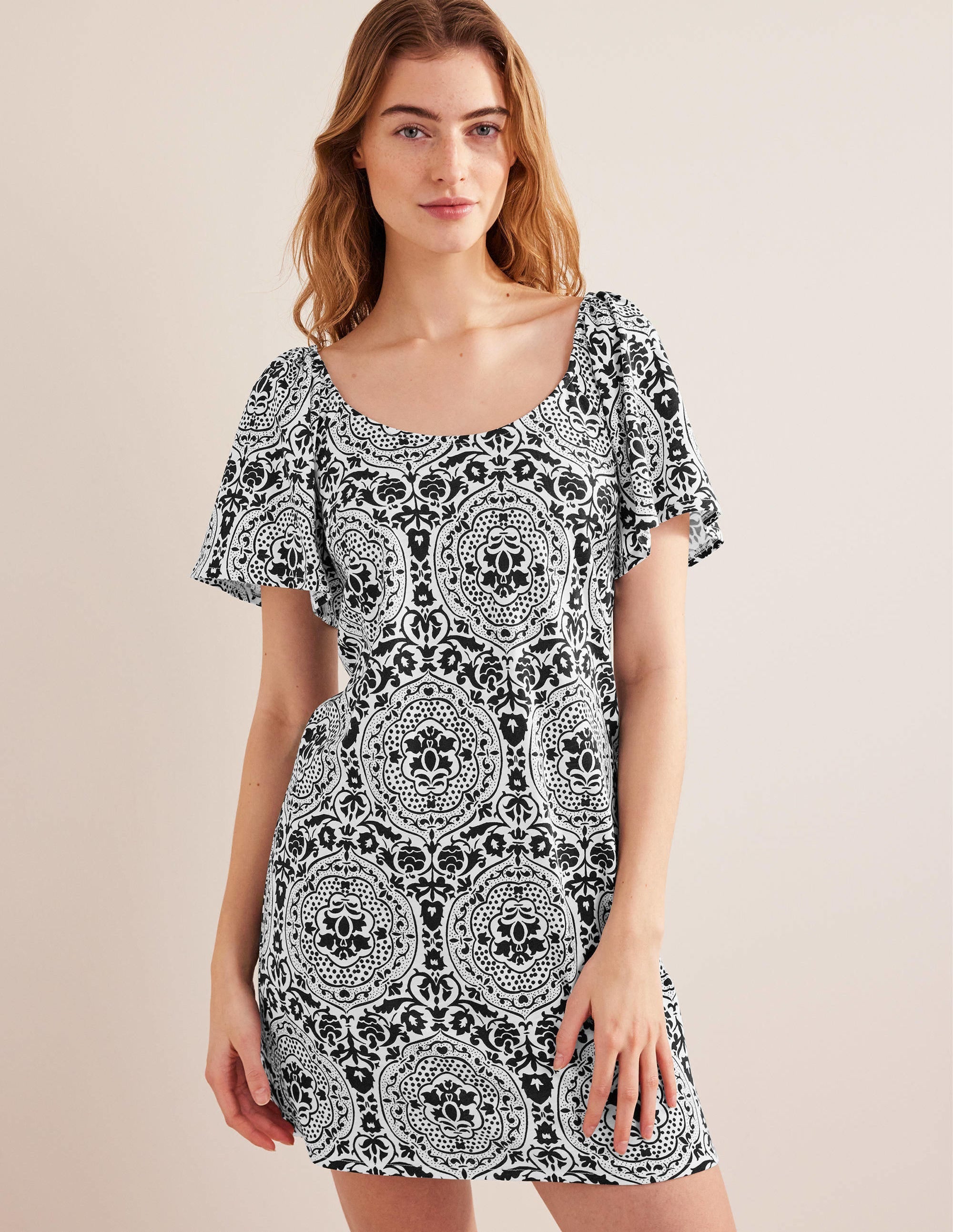 Scoop Neck Jersey Mini Dress-Black, Exotic Tile - Image 1