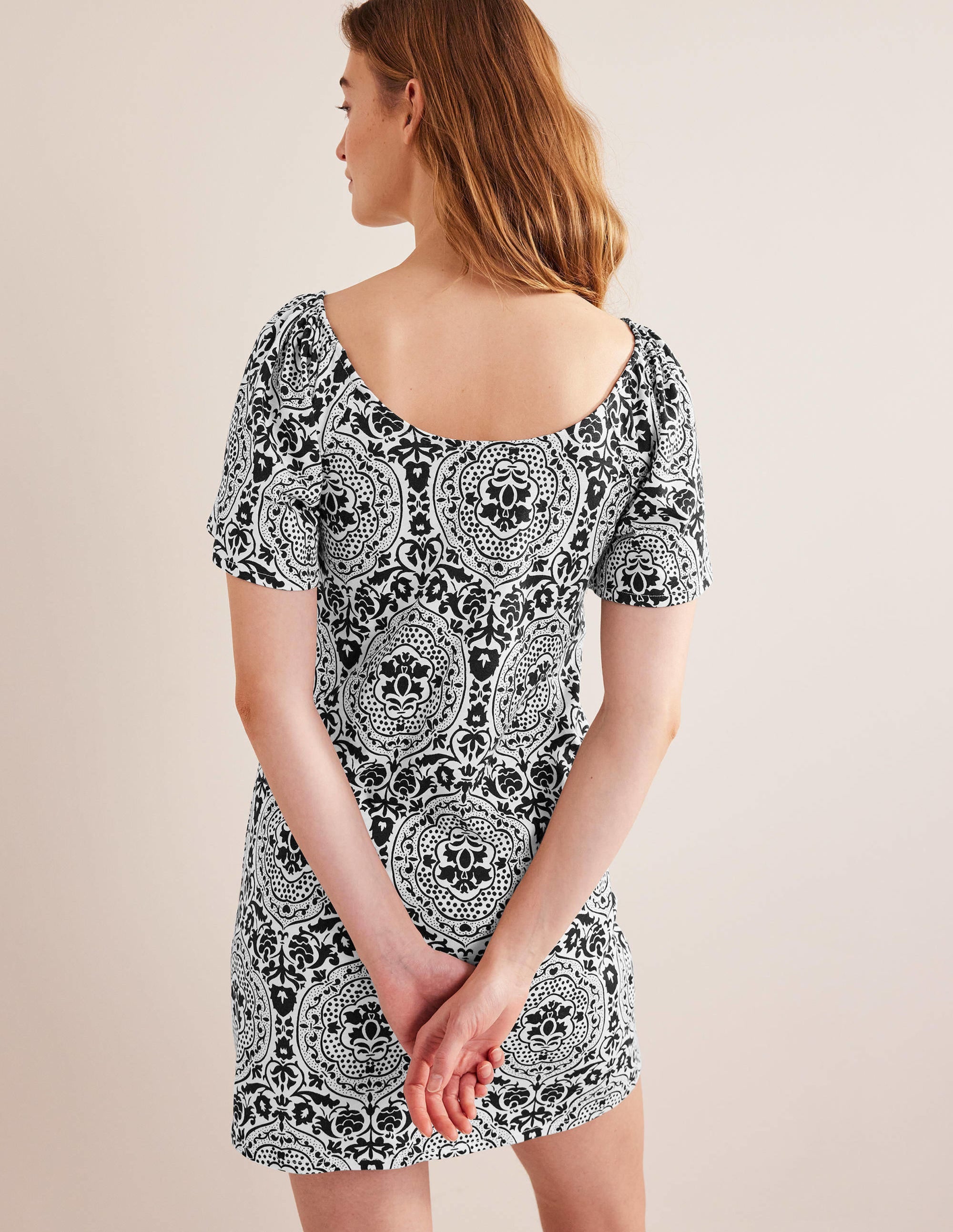Scoop Neck Jersey Mini Dress-Black, Exotic Tile - Image 3