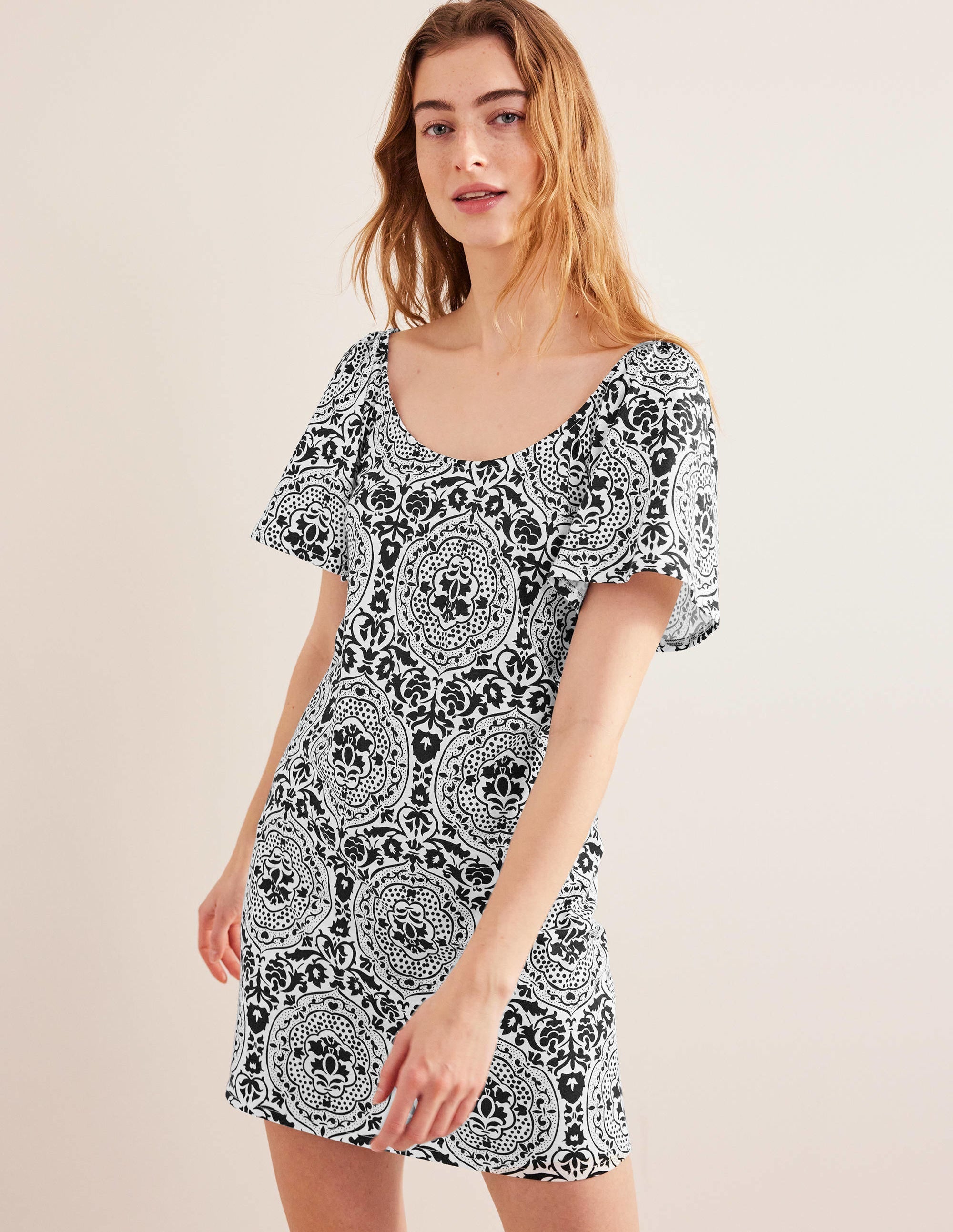 Scoop Neck Jersey Mini Dress-Black, Exotic Tile - Image 4
