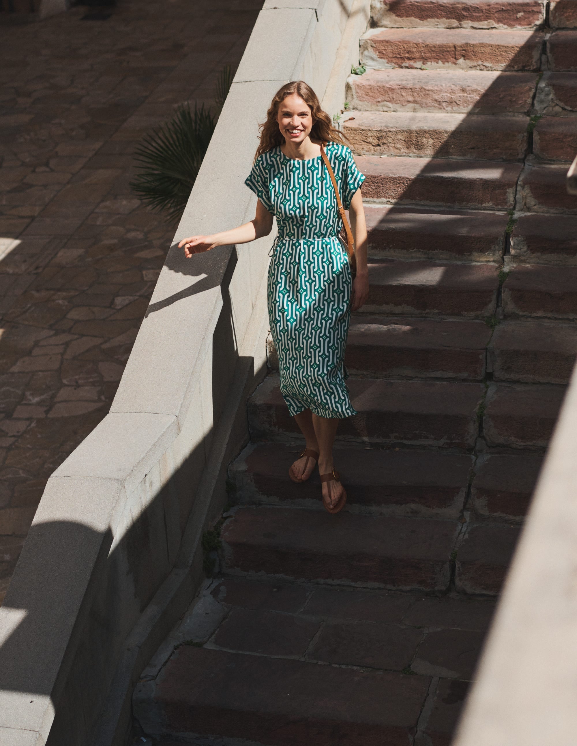 Short Sleeve Column Midi Dress-Bright Emerald, Azure Geo - Image 5