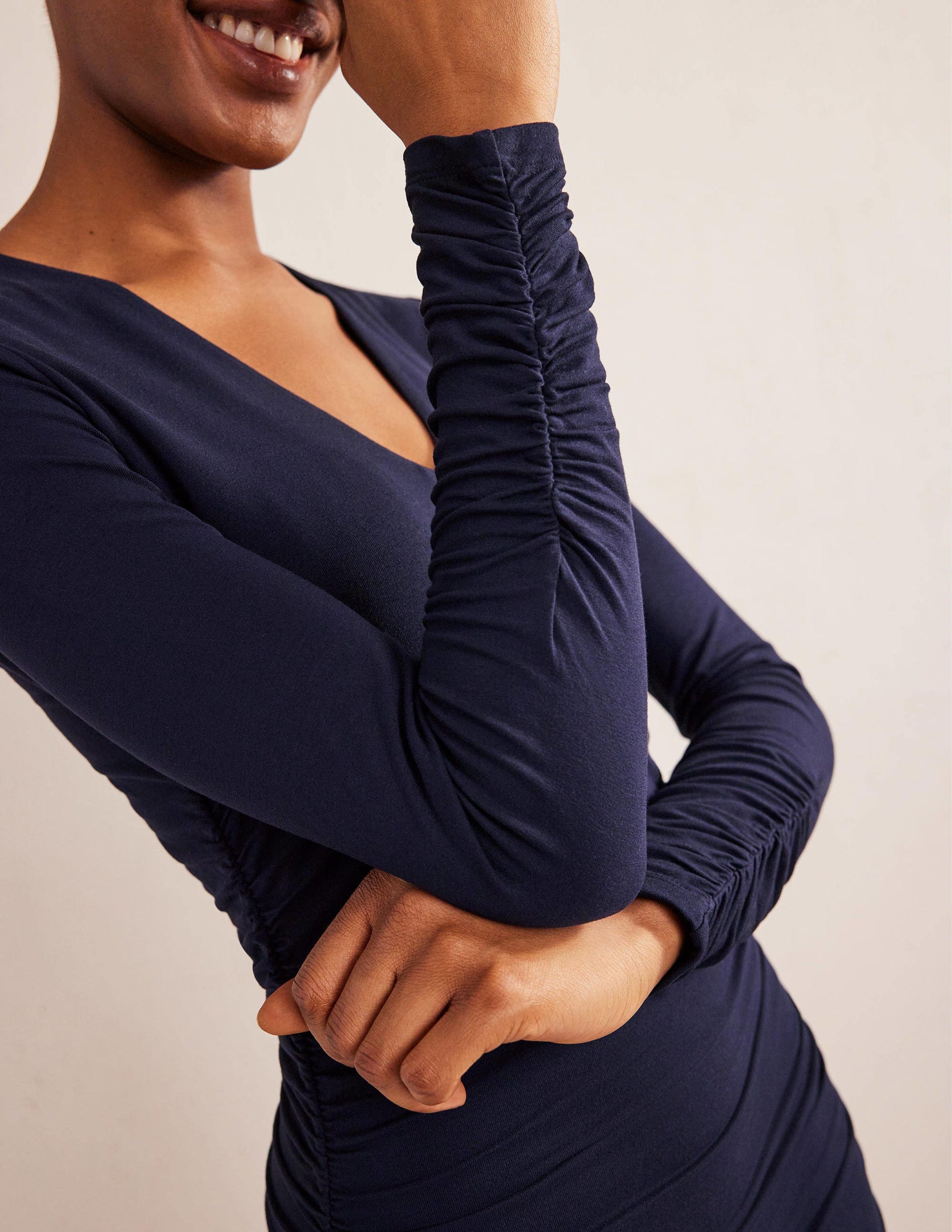 Ruched Body Jersey Mini Dress-Navy-2