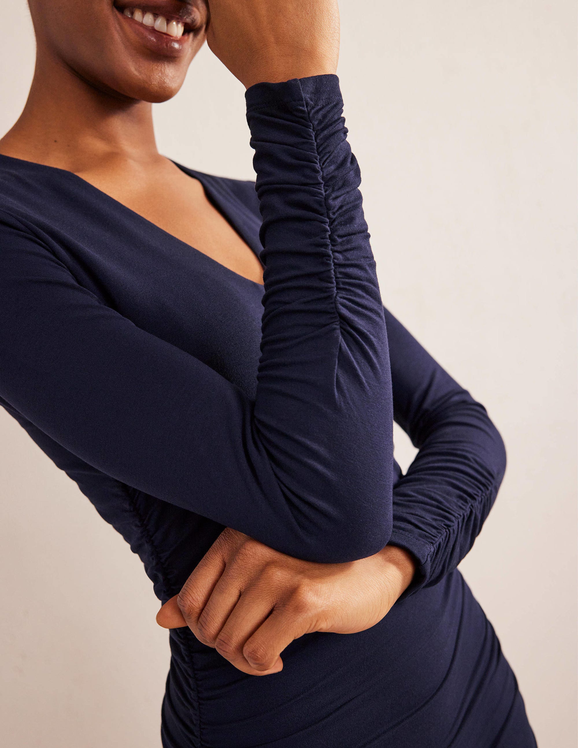 Ruched Body Jersey Mini Dress-Navy - Image 2