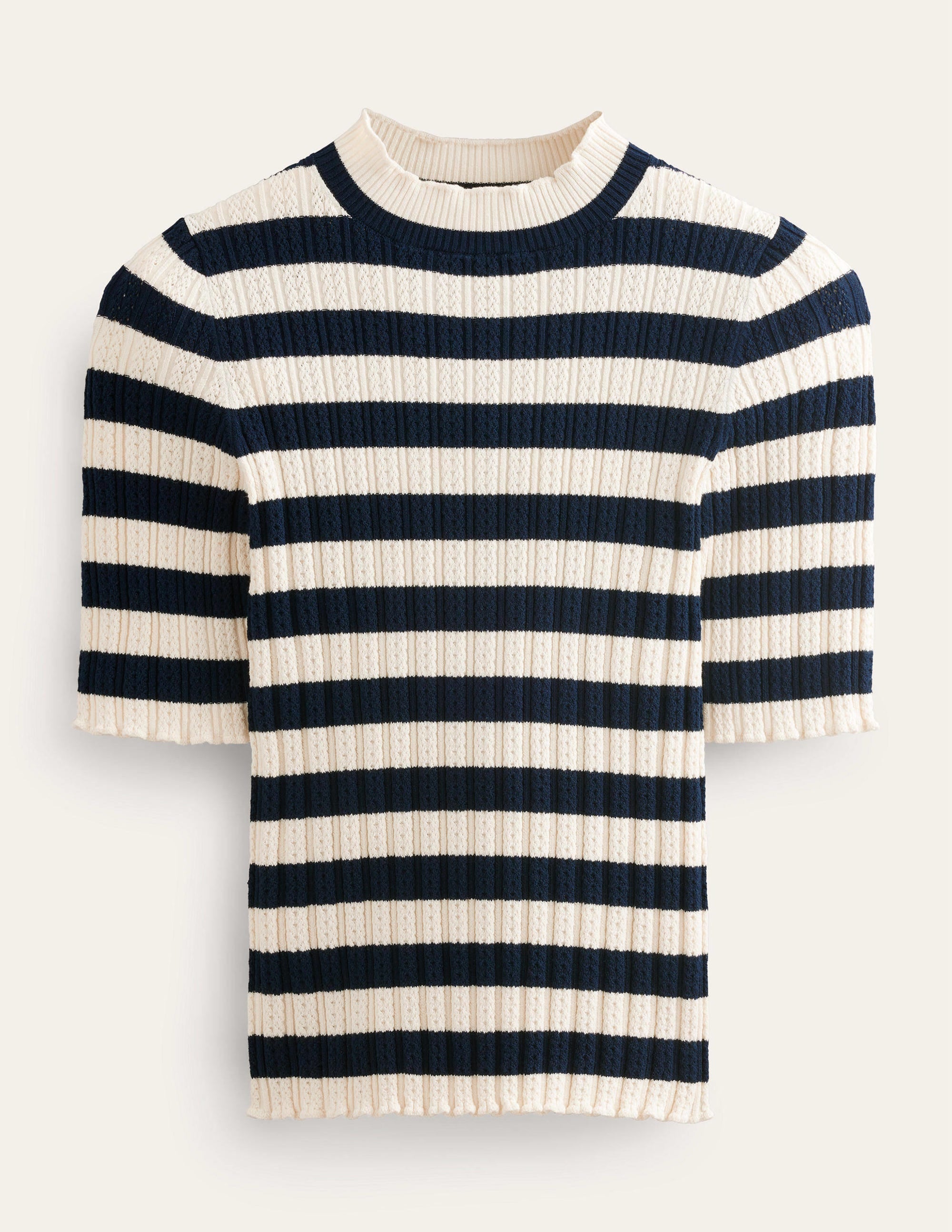 Ribbed Pointelle High Neck Top-Navy, Ivory Stripe - Image 5