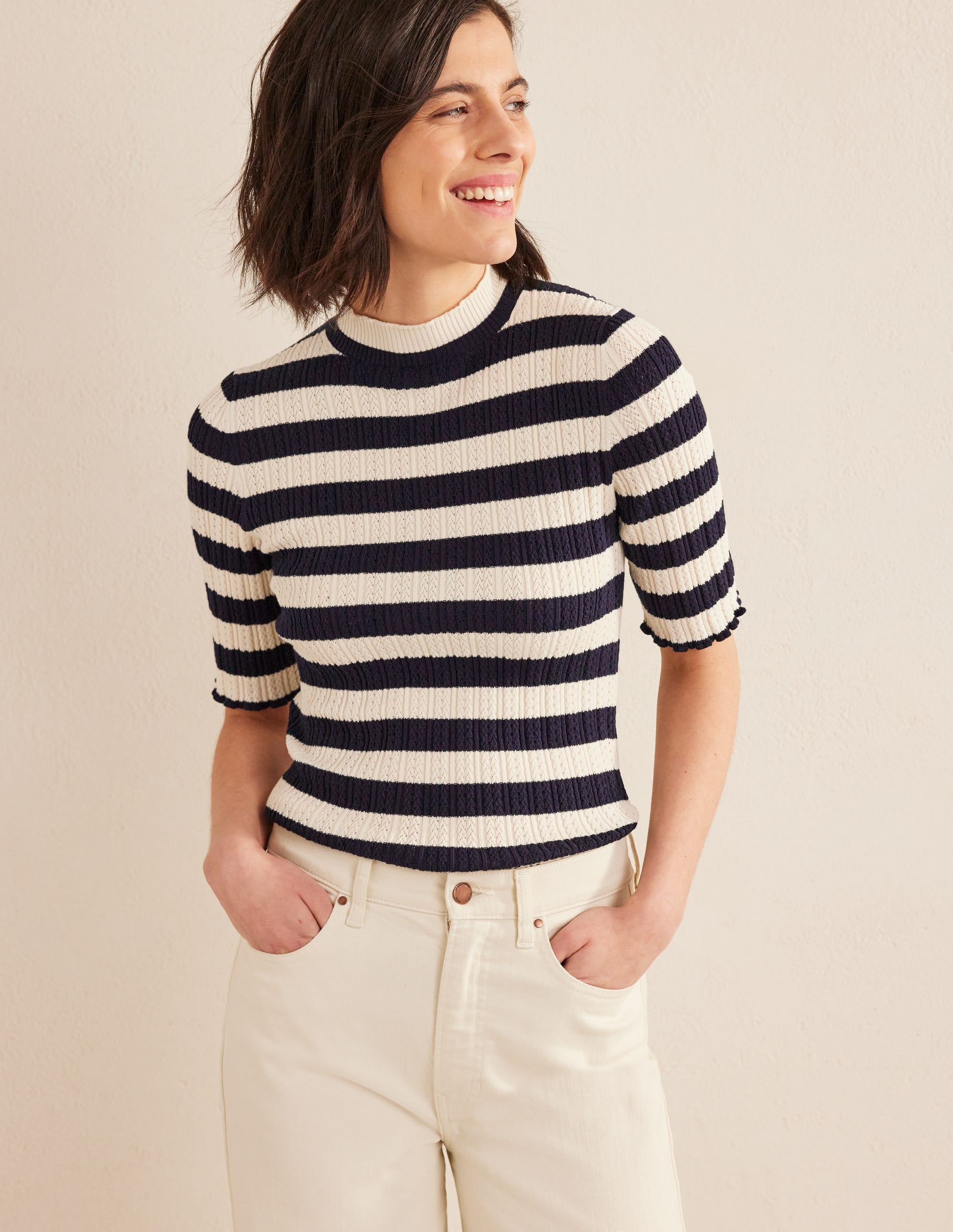 Ribbed Pointelle High Neck Top-Navy, Ivory Stripe - Image 1