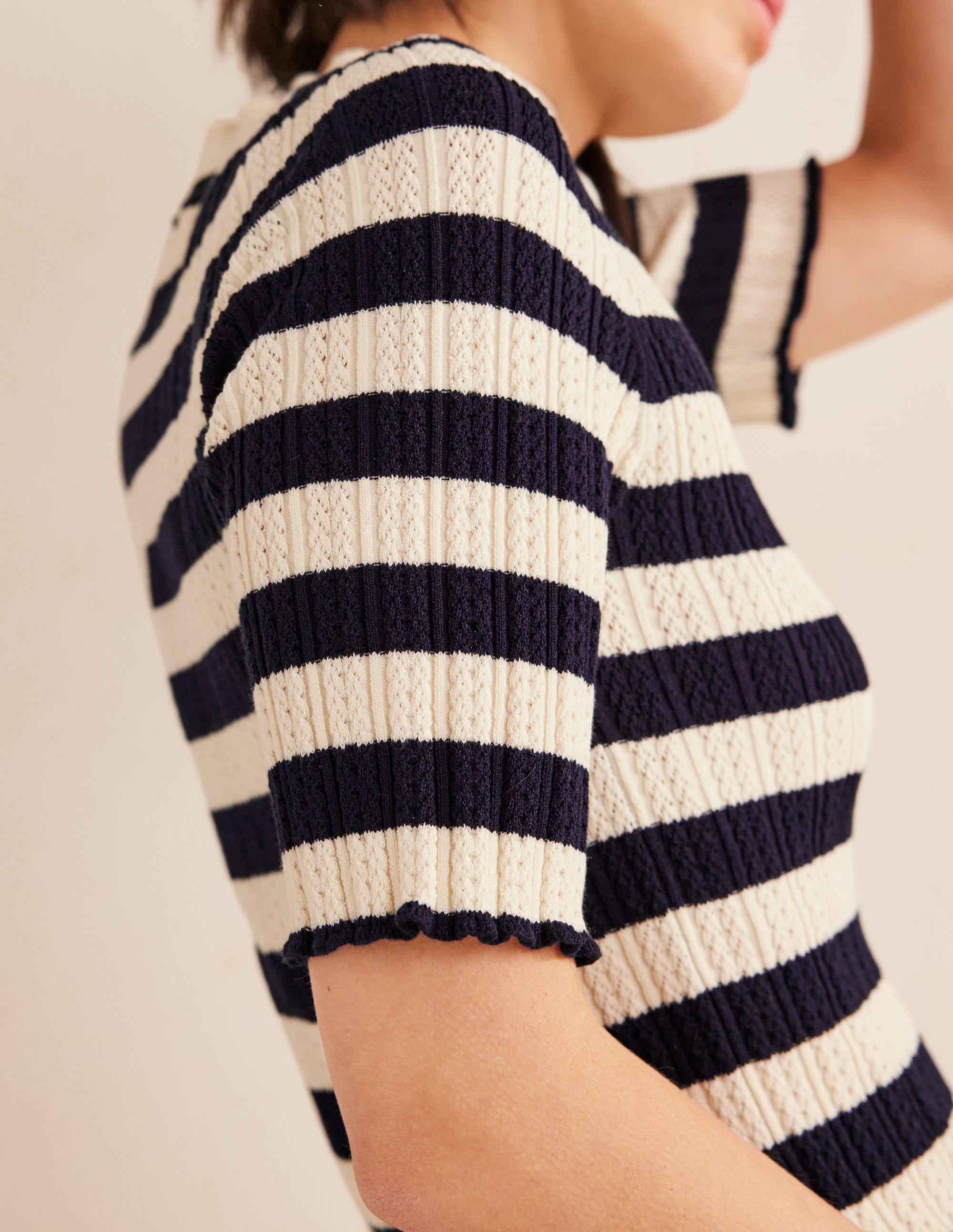 Ribbed Pointelle High Neck Top-Navy, Ivory Stripe - Image 2