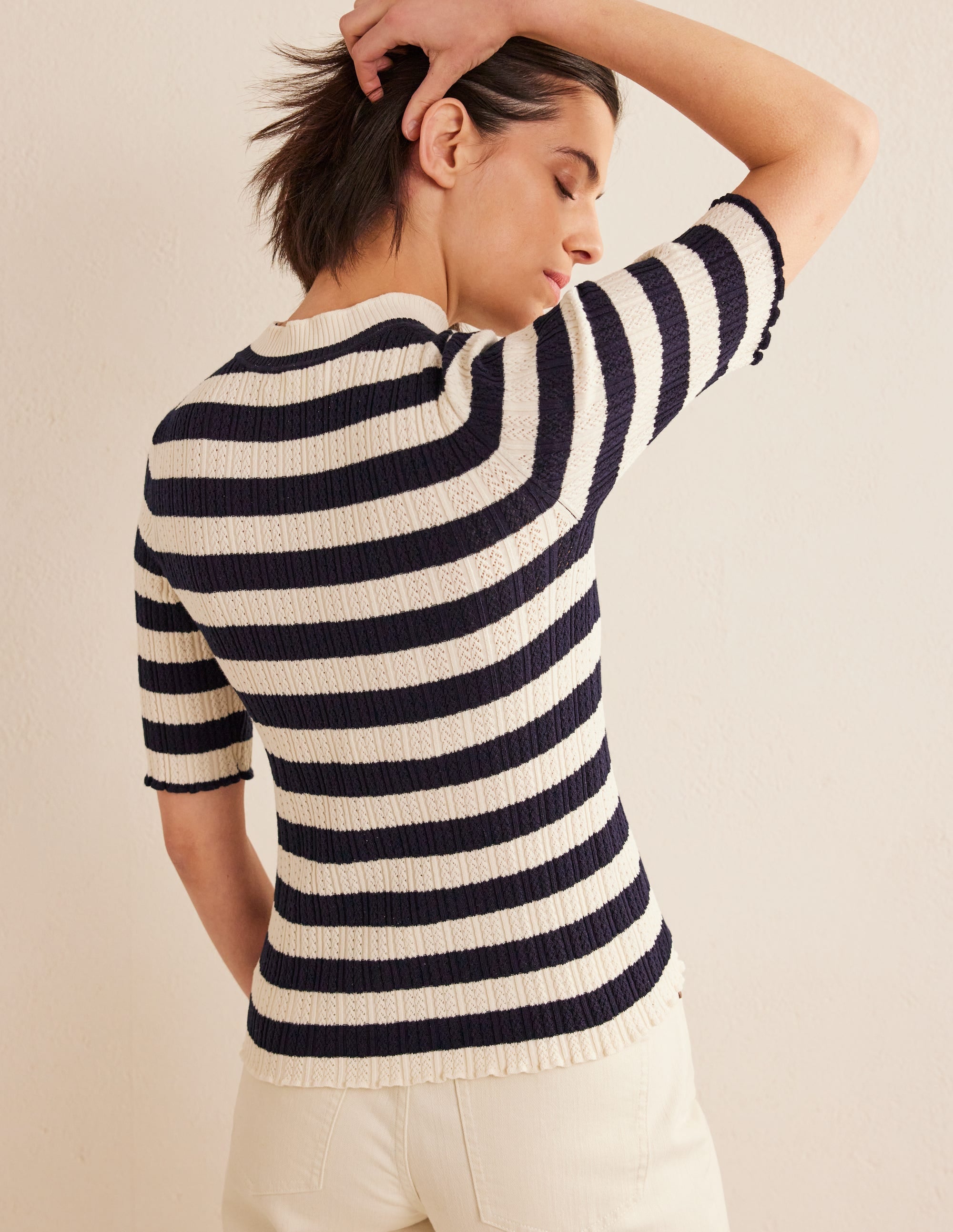 Ribbed Pointelle High Neck Top-Navy, Ivory Stripe - Image 3