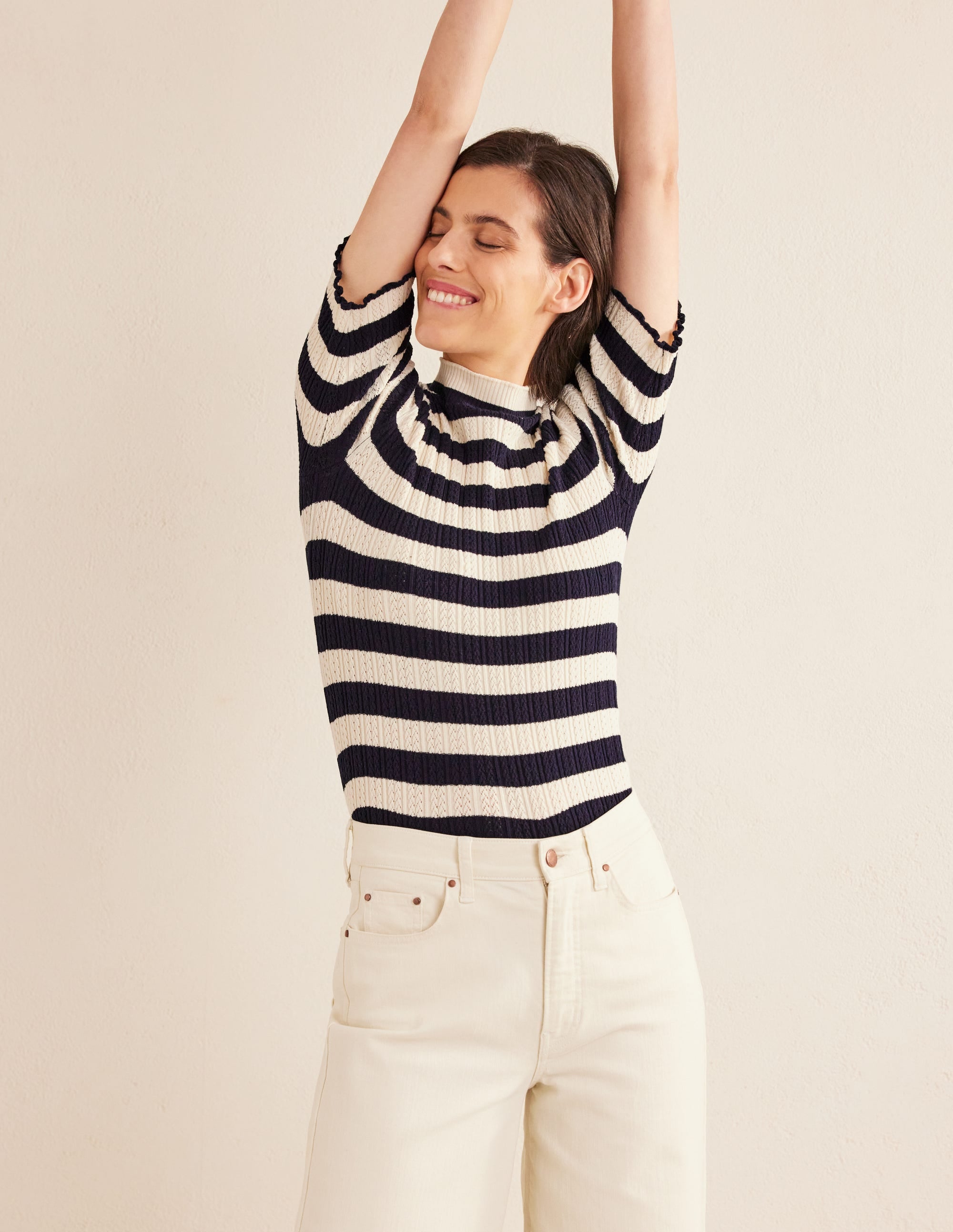Ribbed Pointelle High Neck Top-Navy, Ivory Stripe - Image 4