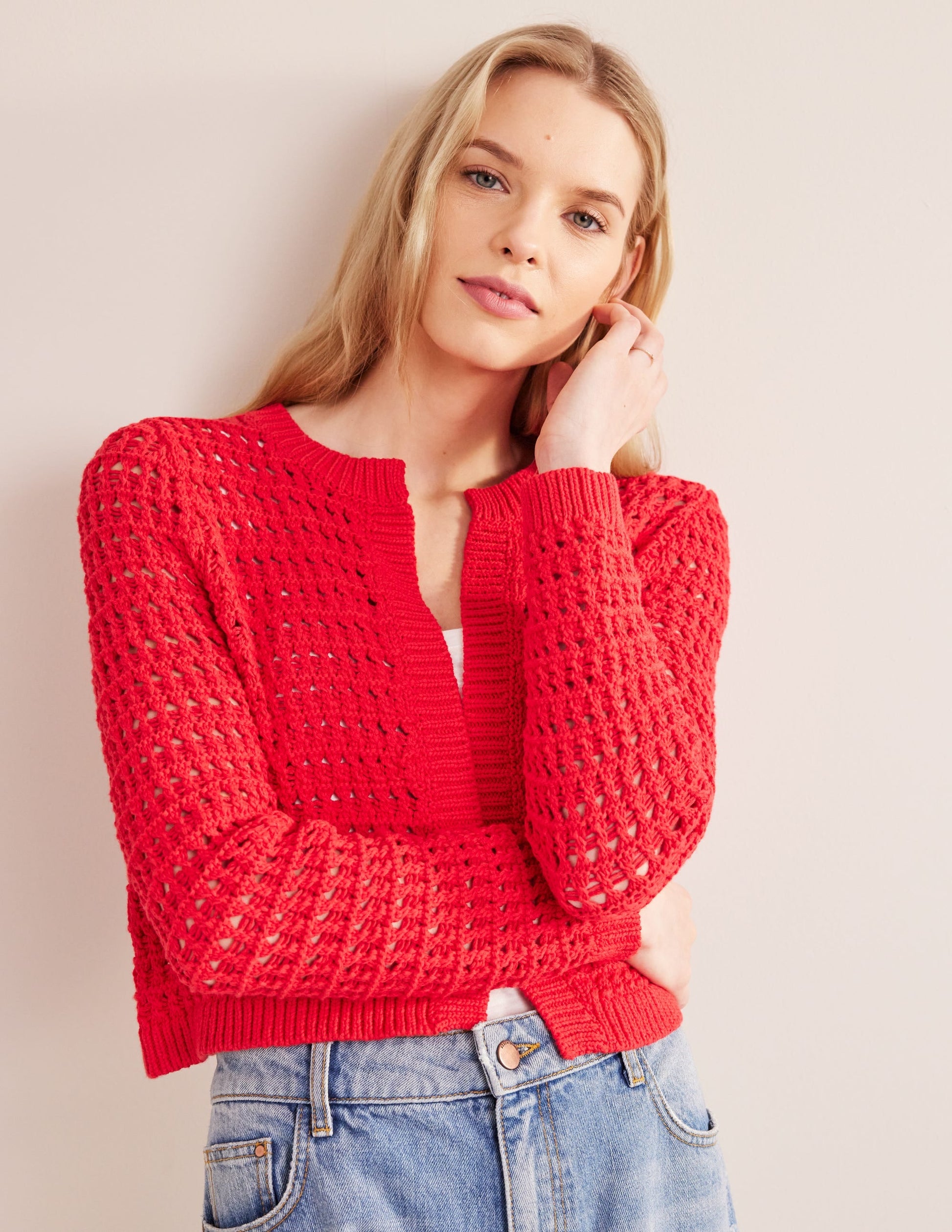 Cropped Crochet Cardigan-High Risk Red-1