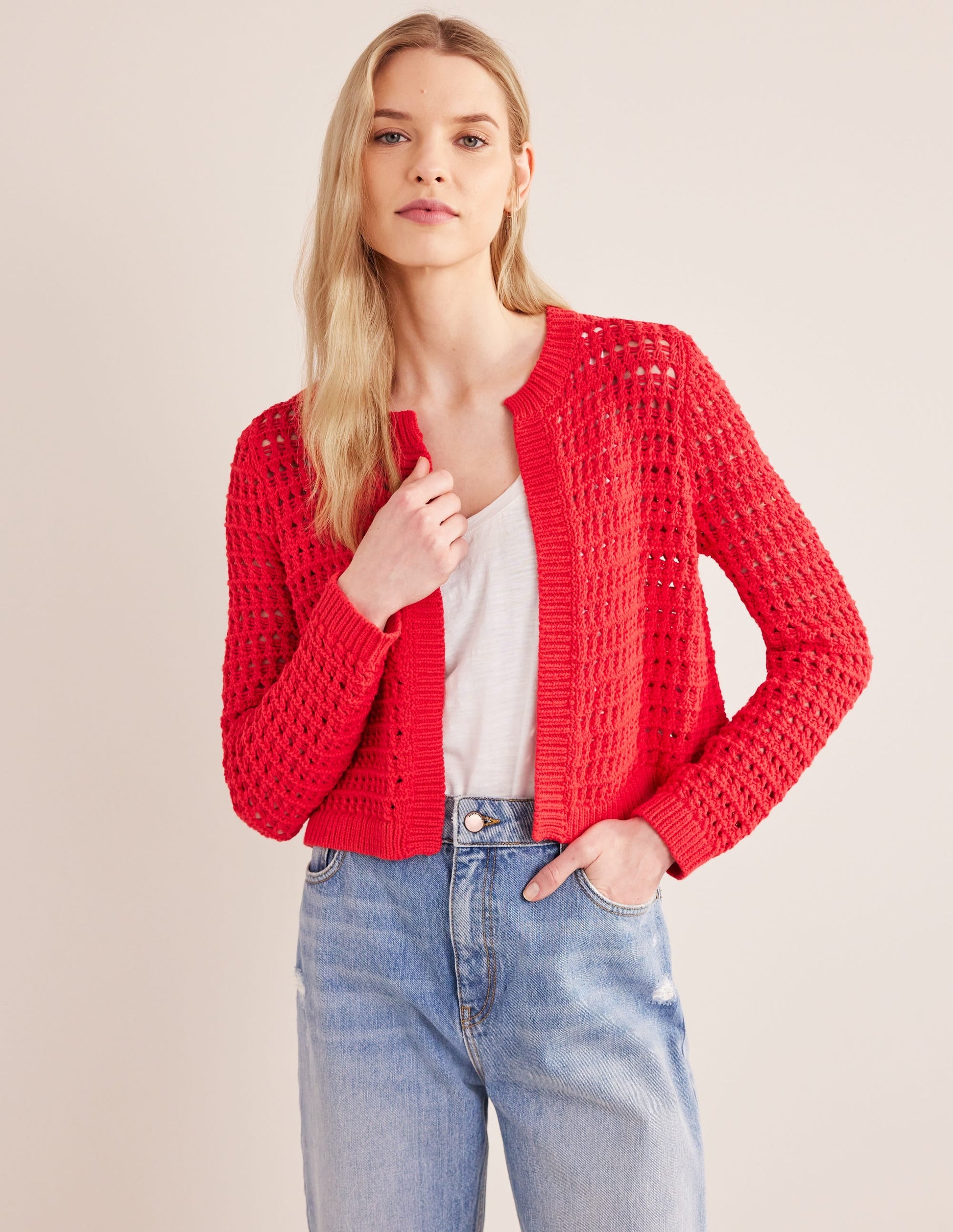 Cropped Crochet Cardigan-High Risk Red-4
